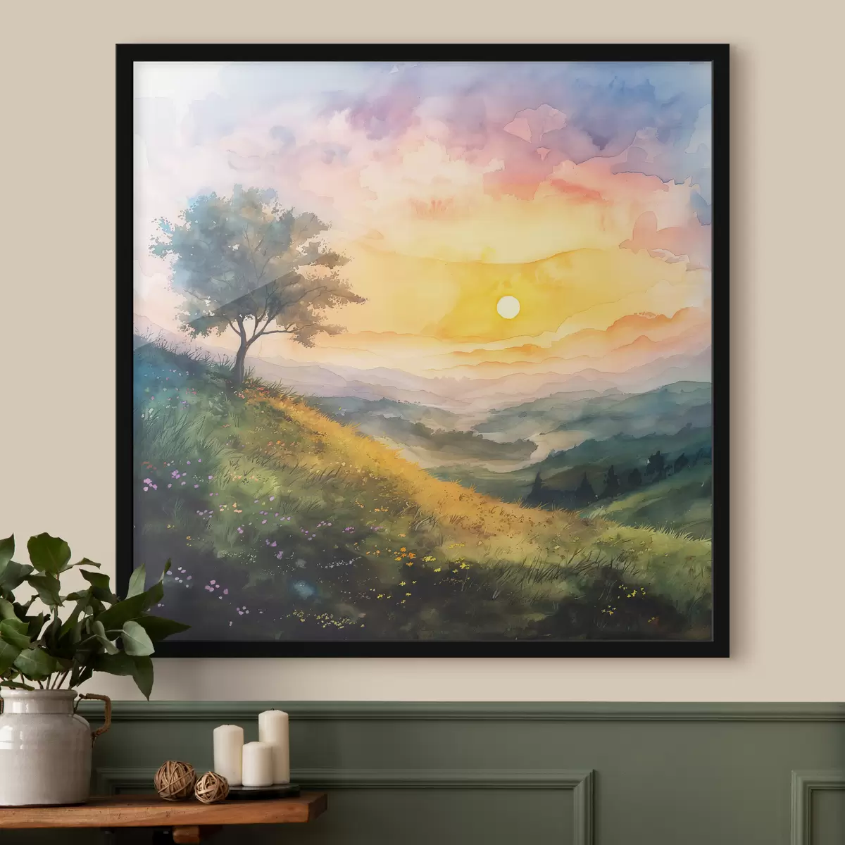 Plakāts Pļava ar pakalniem un kokiem, ziedi, akvarelis f40303
