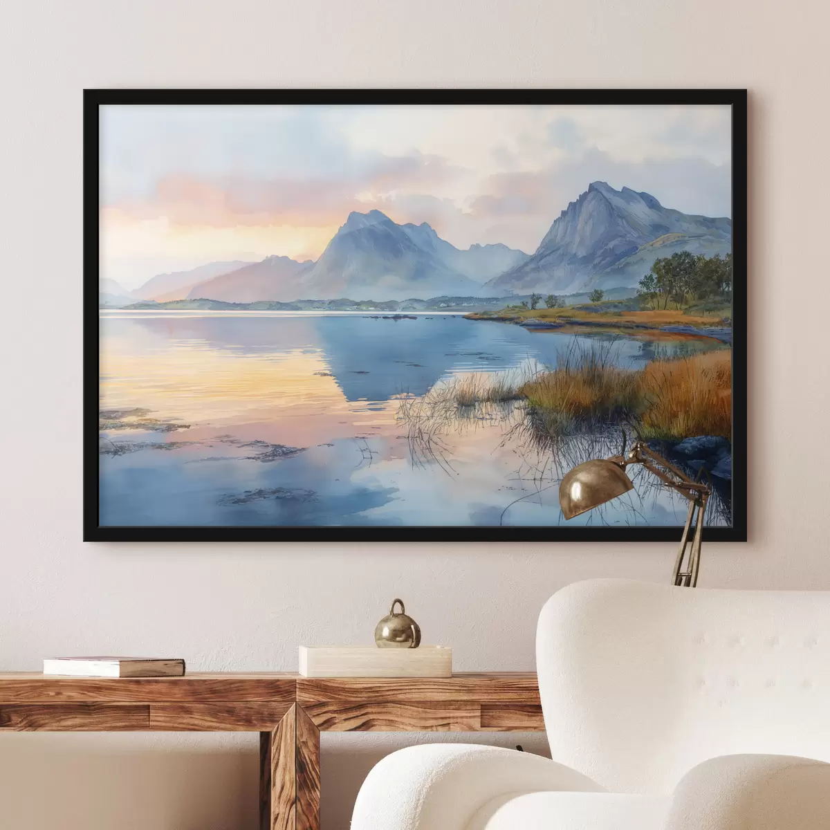 Plakāts Mierīga upe ar kalniem, saullēkts, maigas krāsas f40307