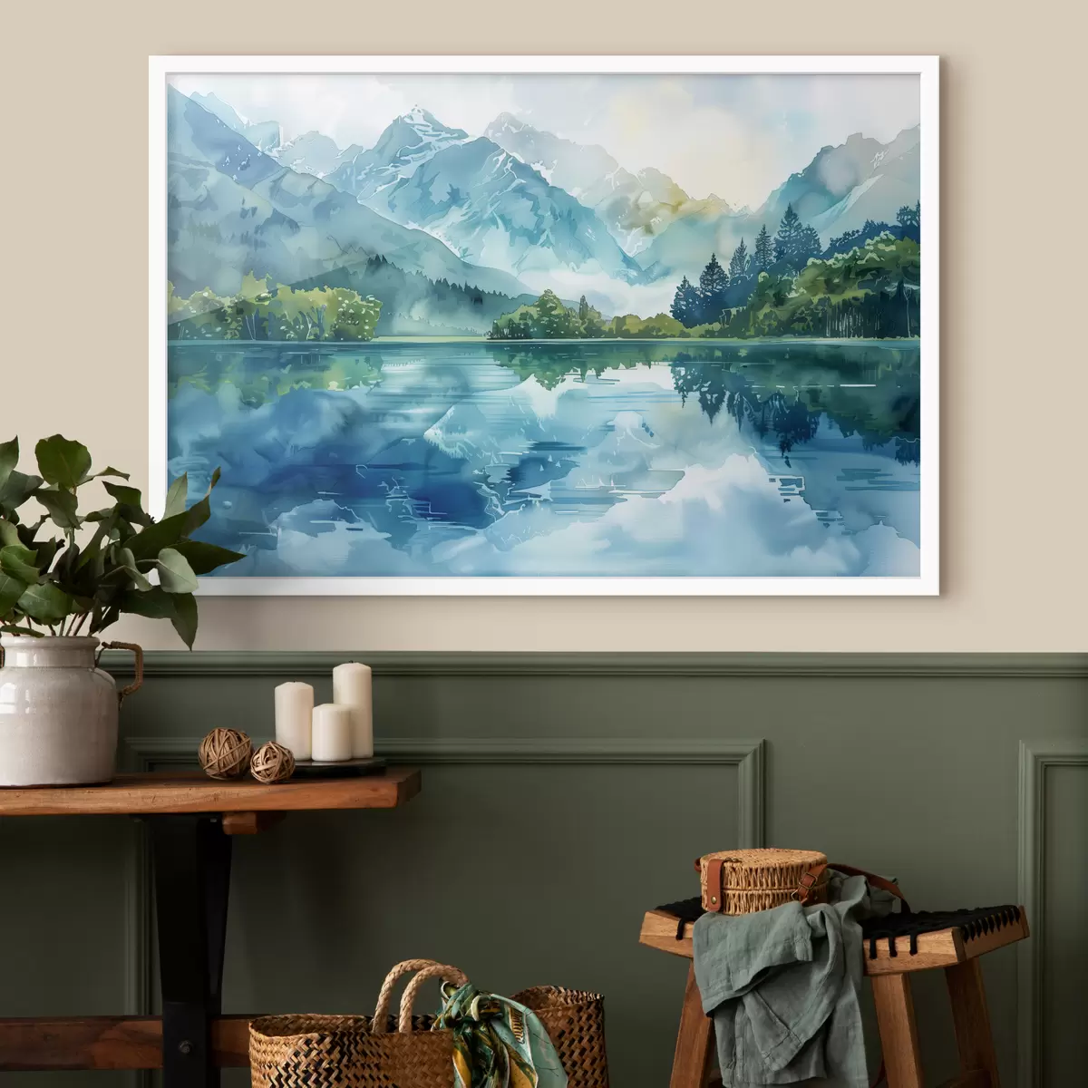Plakāts Akvareļu kalnu ainava, upe, zaļas un zilas krāsas f40310