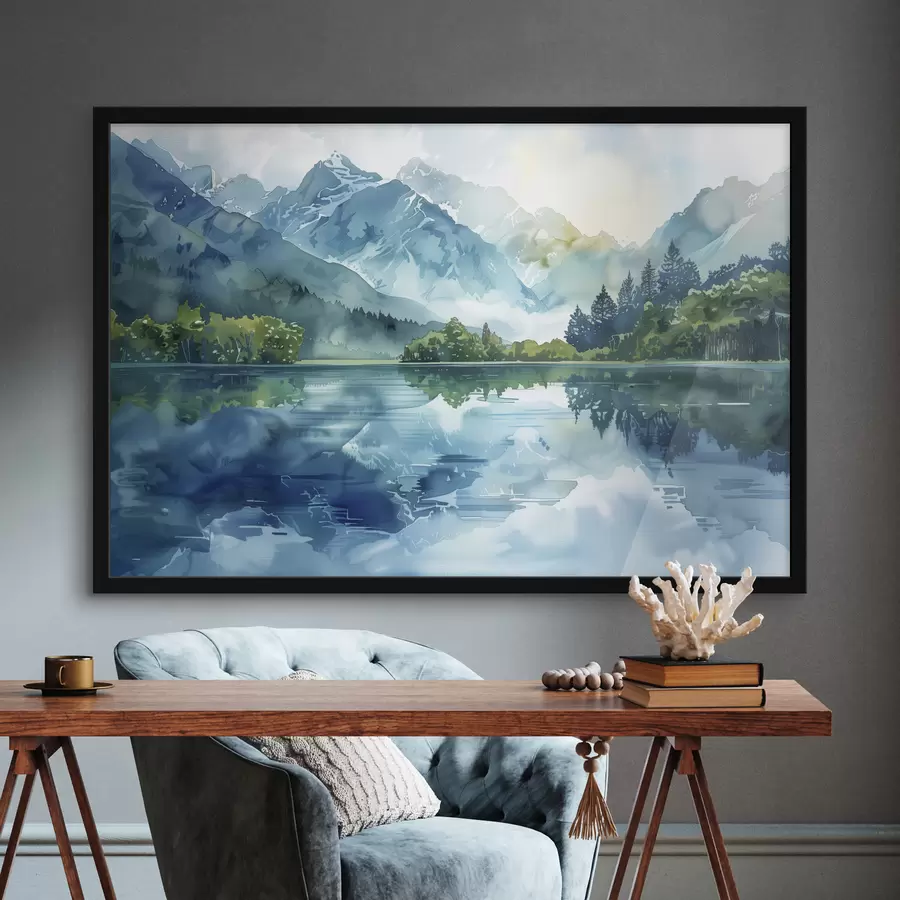 Fototapetes Akvareļu kalnu ainava, upe, zaļas un zilas krāsas f40310