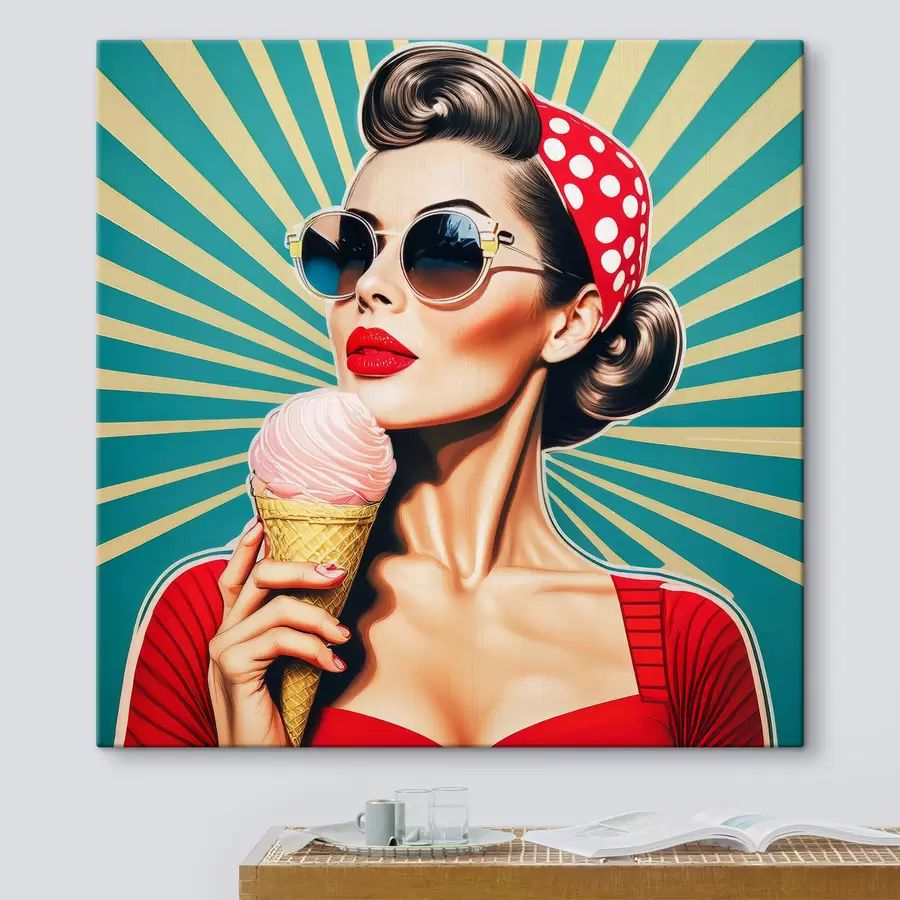 Glezna meitene ar saldējumu, pop art, pin-up, retro s40718