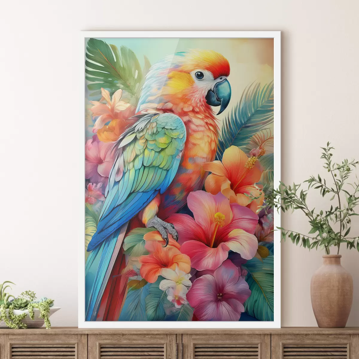 Plakāts koša papagailis ziedos f40711