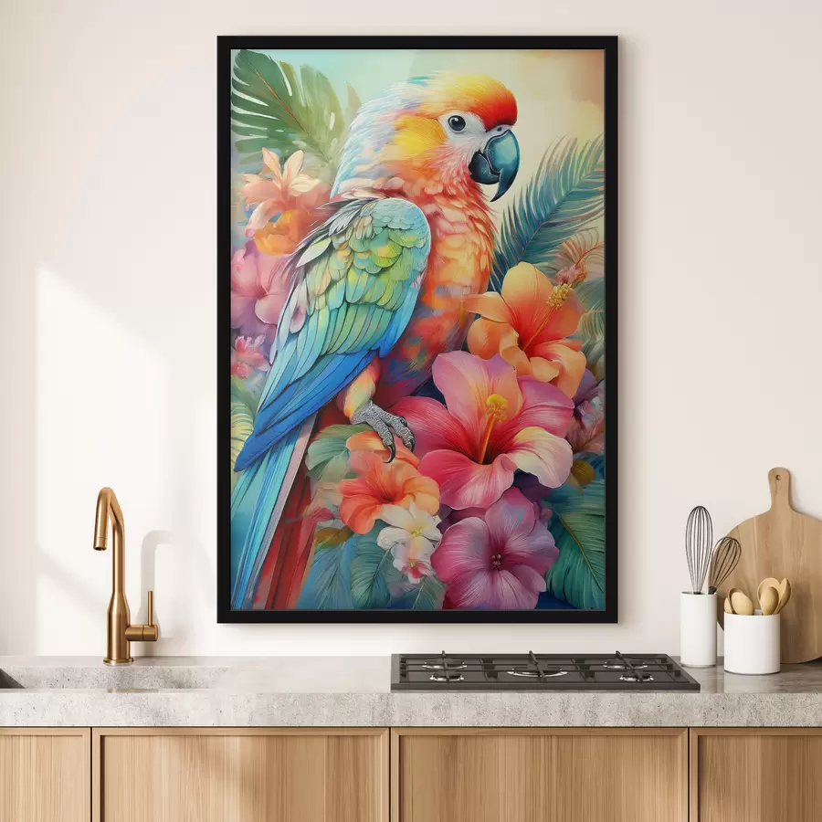 Glezna koša papagailis ziedos f40711