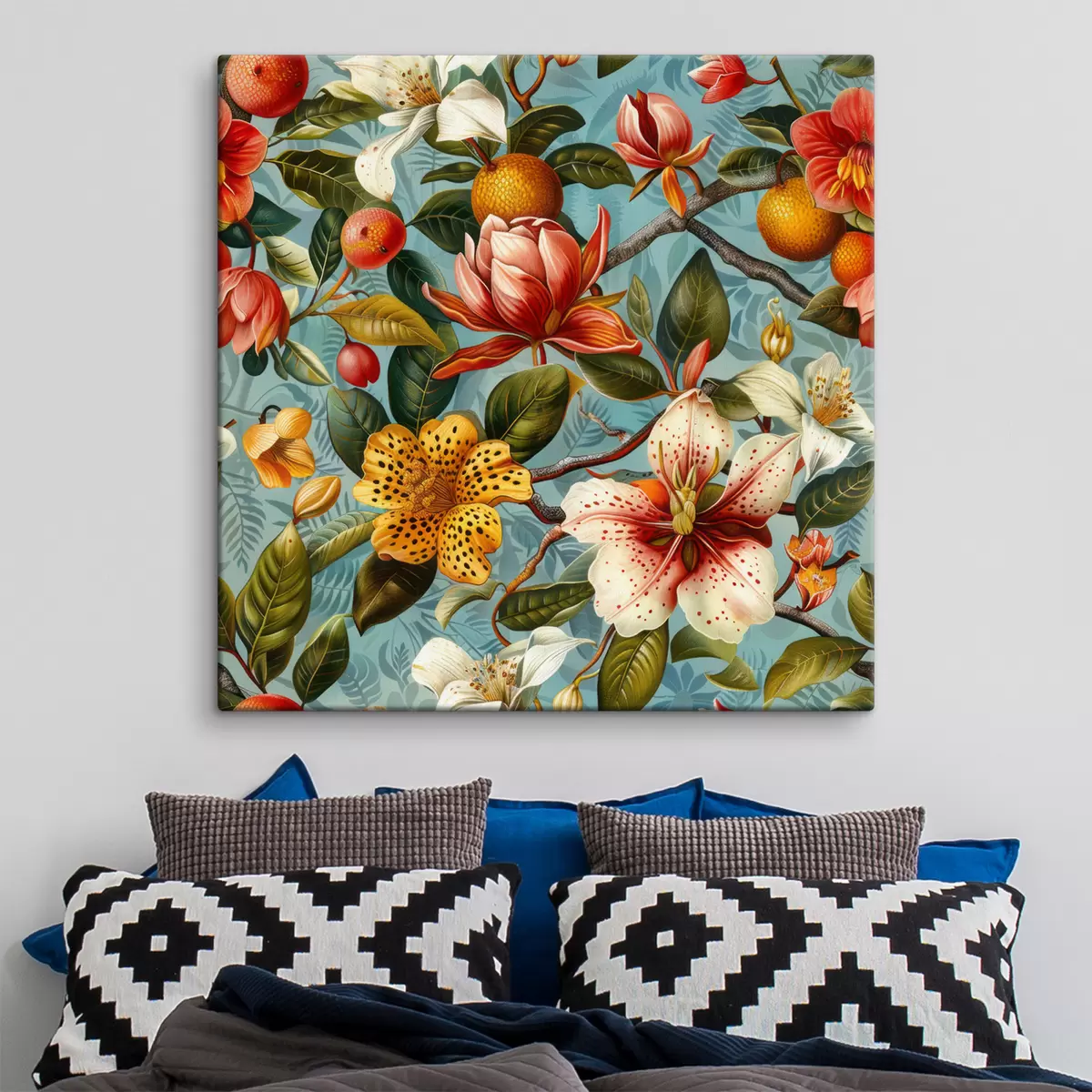 Glezna Tropu kompozīcija ar dažādiem zaļumiem un tropu ziediem uz zila fona s40665