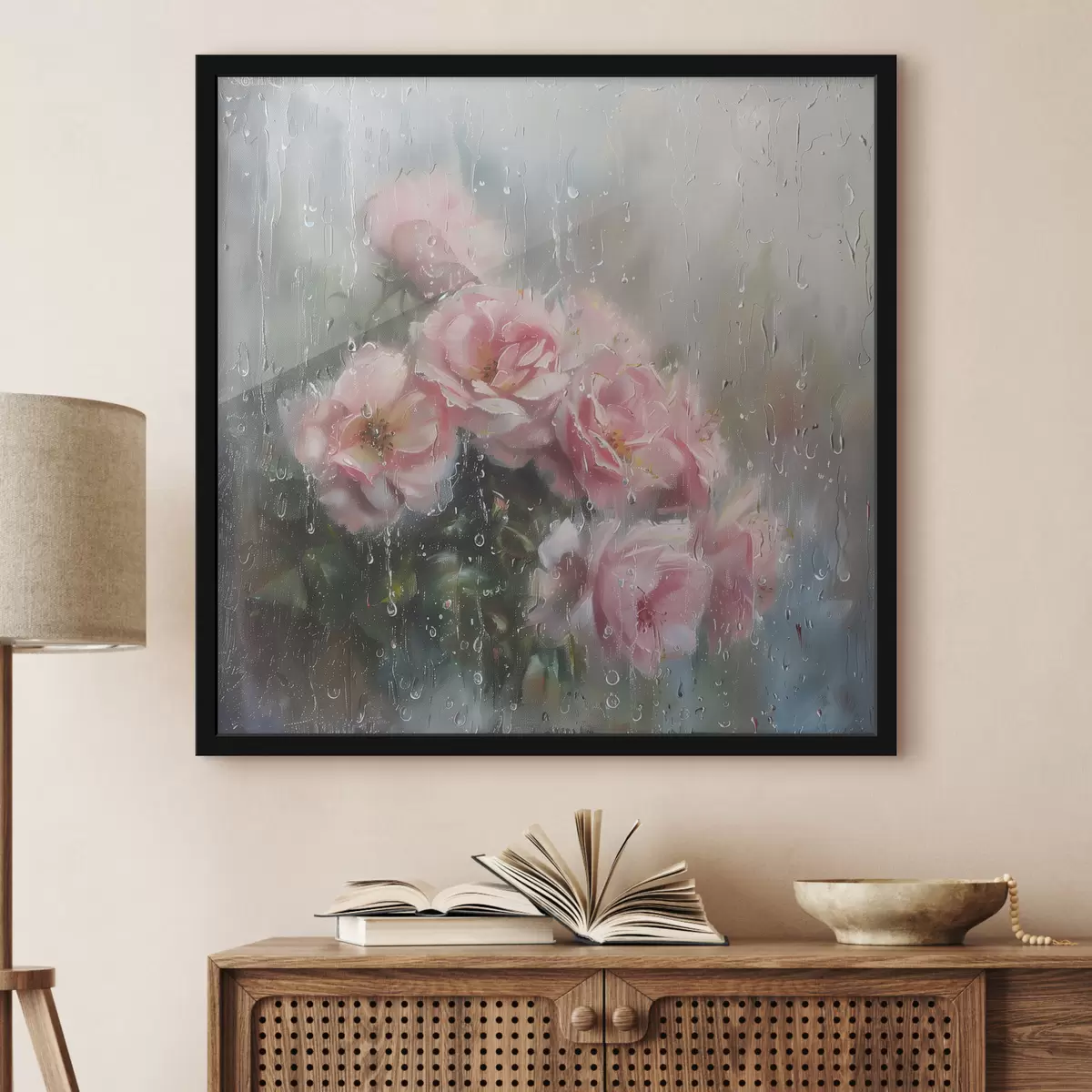 Plakāts Rozā rožu pušķis aiz loga lietainā laikā f40656