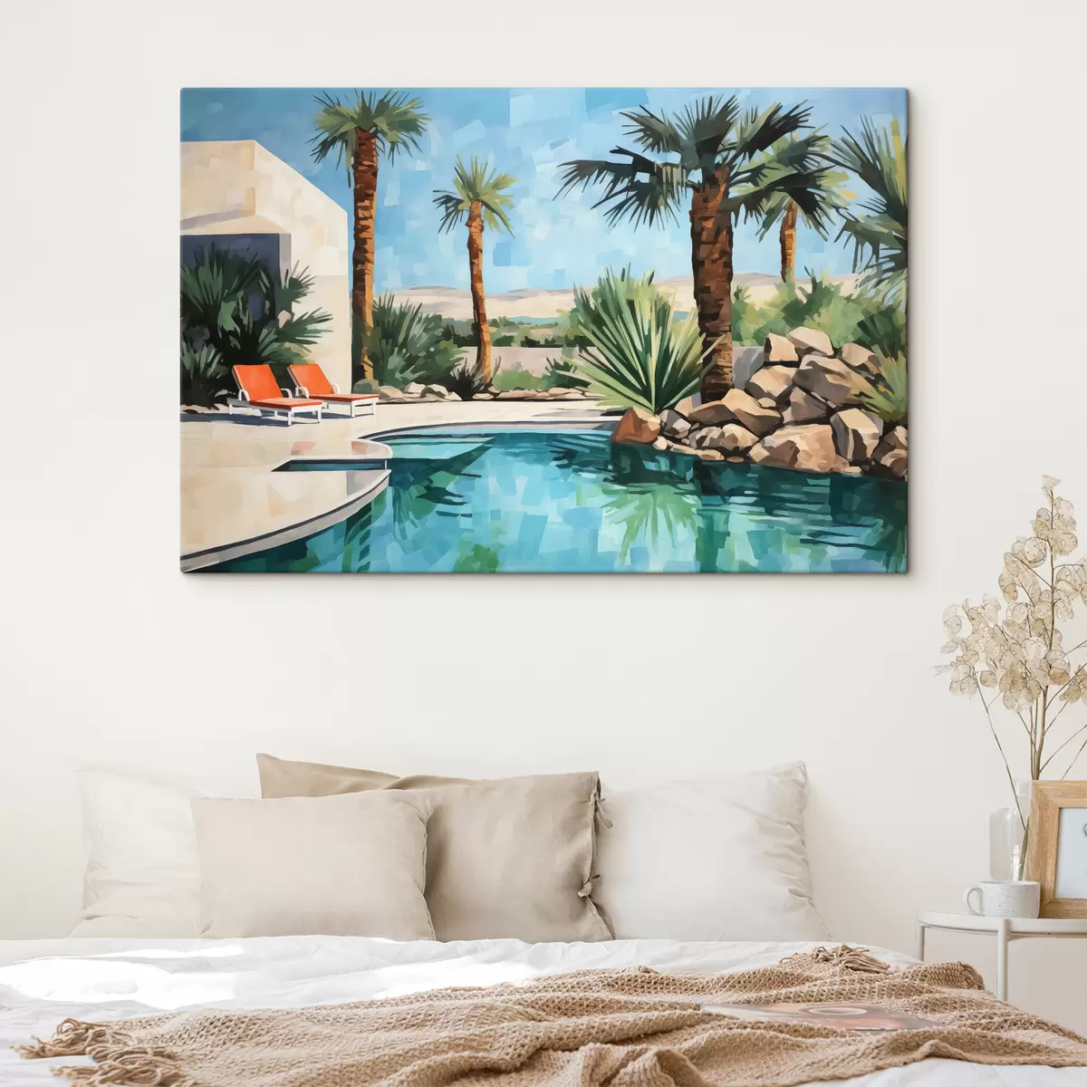 Glezna Palmas pie viesnīcas ar baseinu pie klintīm, zilā, zaļā, sarkanā krāsā s40748