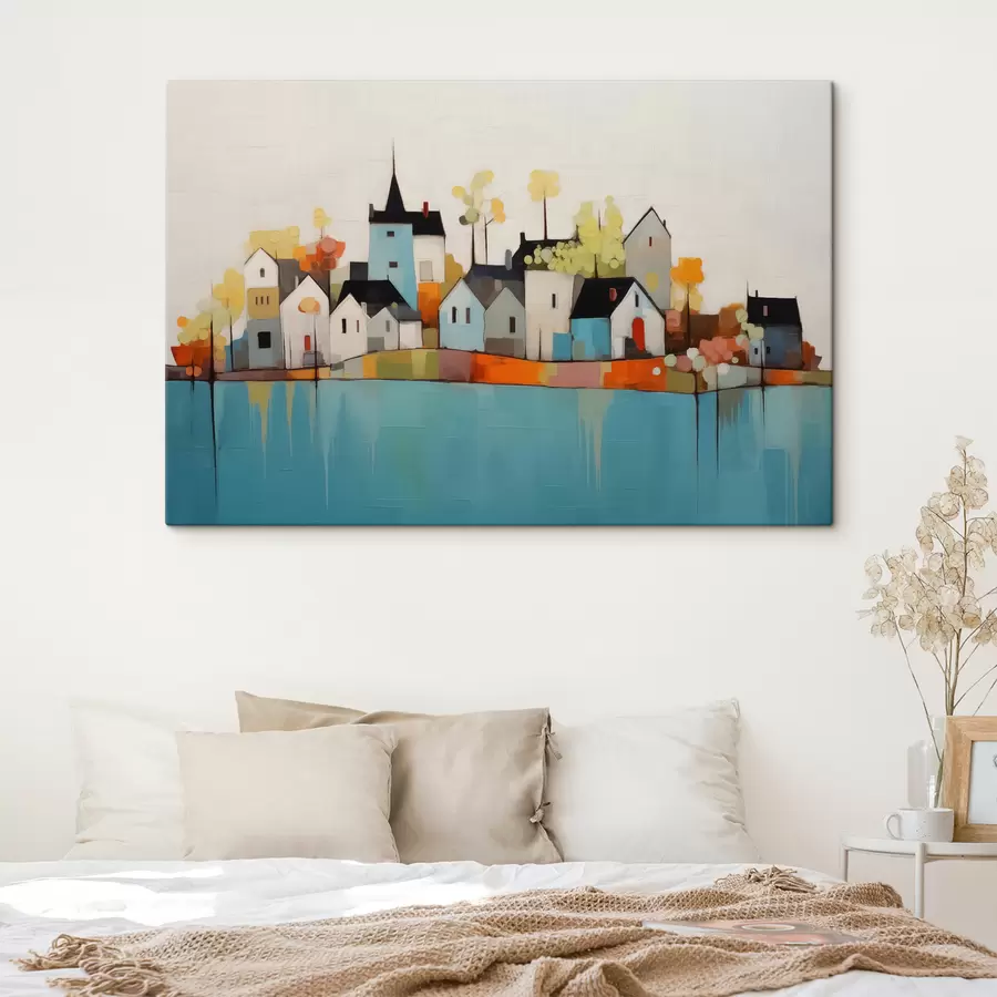 Glezna Abstrakta pilsēta un mājas, zila, dzeltena, sarkana krāsa s40751