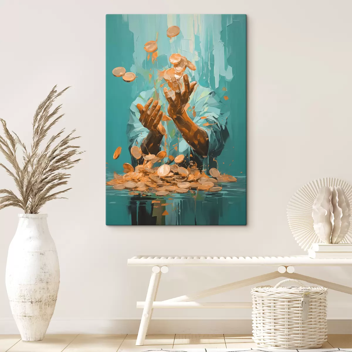 Glezna Abstraktā glezna, kurā attēlots vīrietis monētu ielenkumā s40755