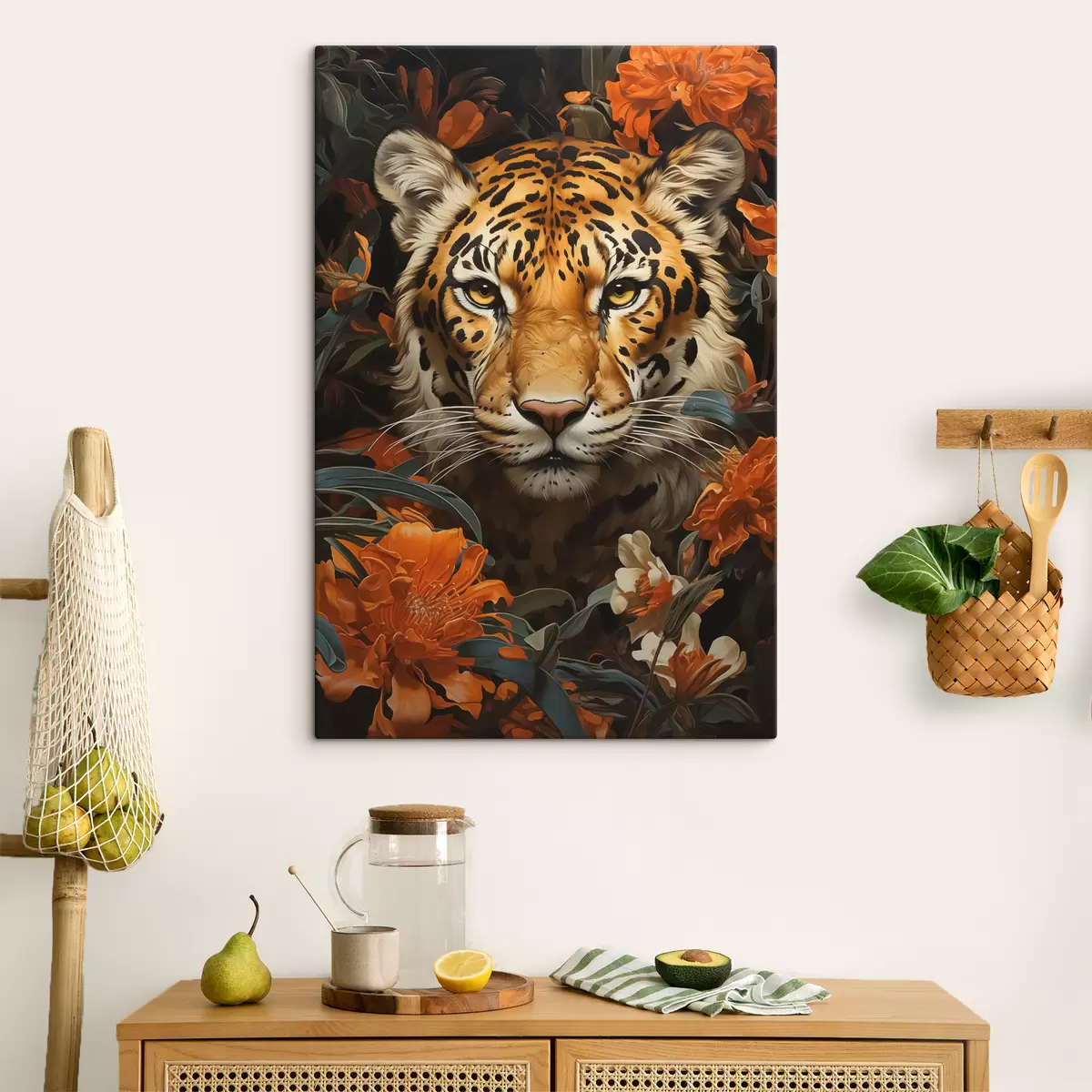 Glezna Tīģera portrets tropu ziedu ielokā s40757