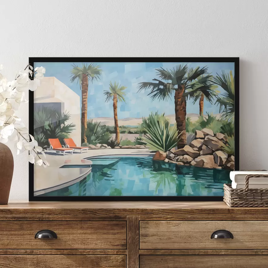 Fototapetes Palmas pie viesnīcas ar baseinu pie klintīm, zilā, zaļā, sarkanā krāsā f40748