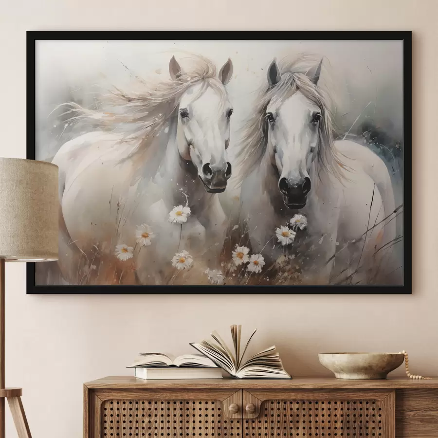 Glezna Baltu un pelēku zirgu pāris pie margrietiņām f40749