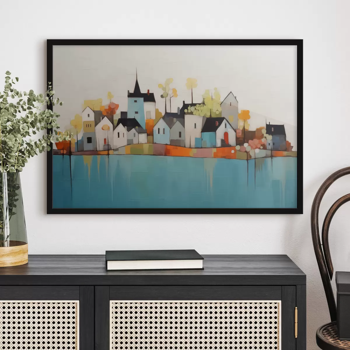 Plakāts Abstrakta pilsēta un mājas, zila, dzeltena, sarkana krāsa f40751