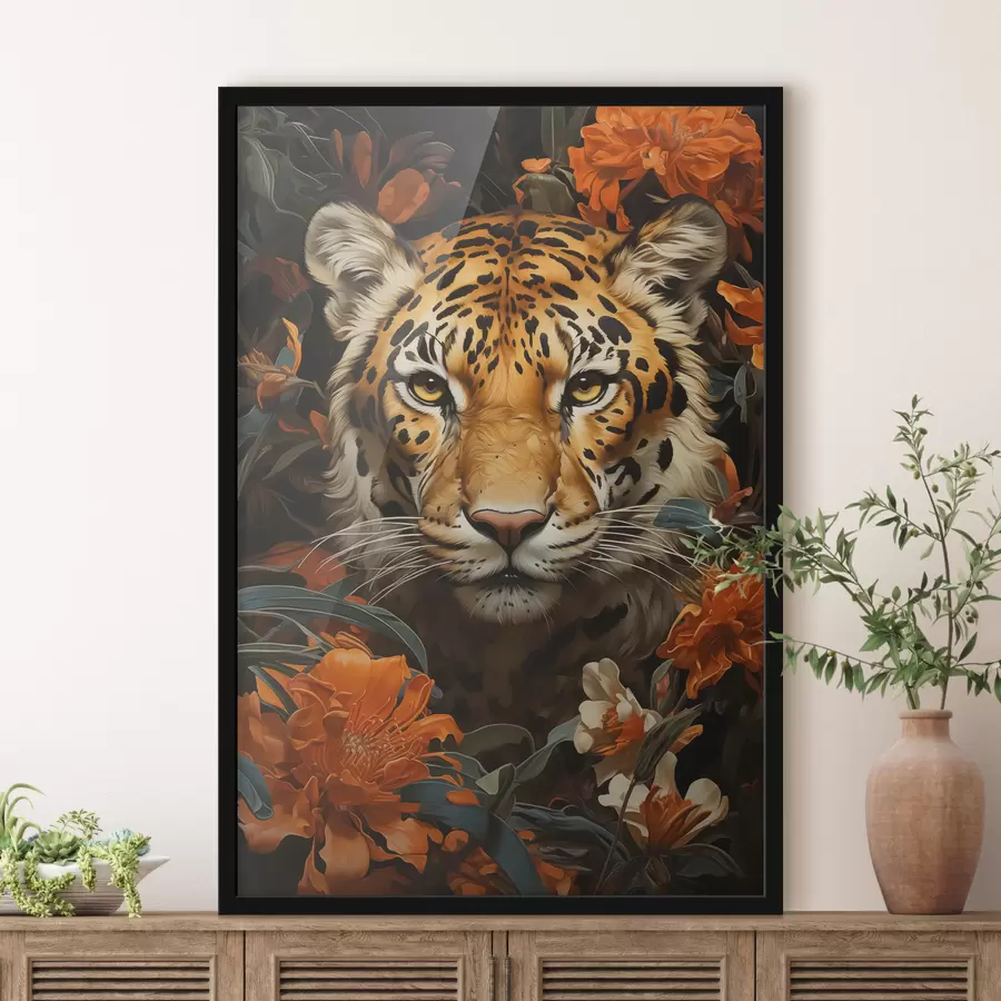 Fototapetes Tīģera portrets tropu ziedu ielokā f40757