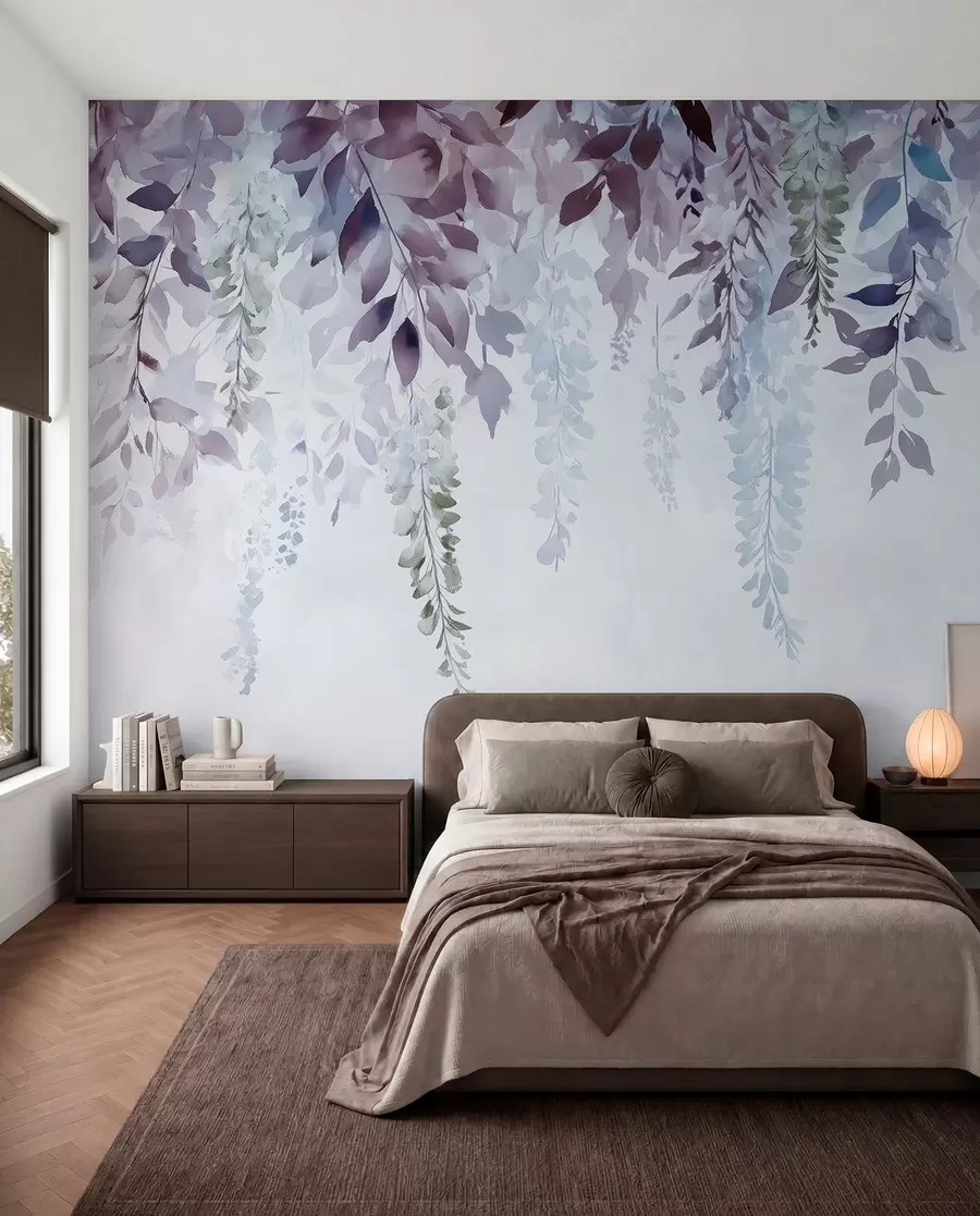 Fototapetes Vistērijas ziedu ornaments, ziedu, akvarelis, zilā un violetā krāsā w01545v1