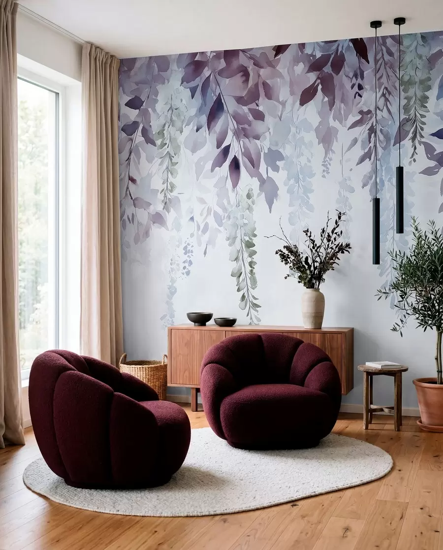 Fototapetes Vistērijas ziedu ornaments, ziedu, akvarelis, zilā un violetā krāsā w01545v1
