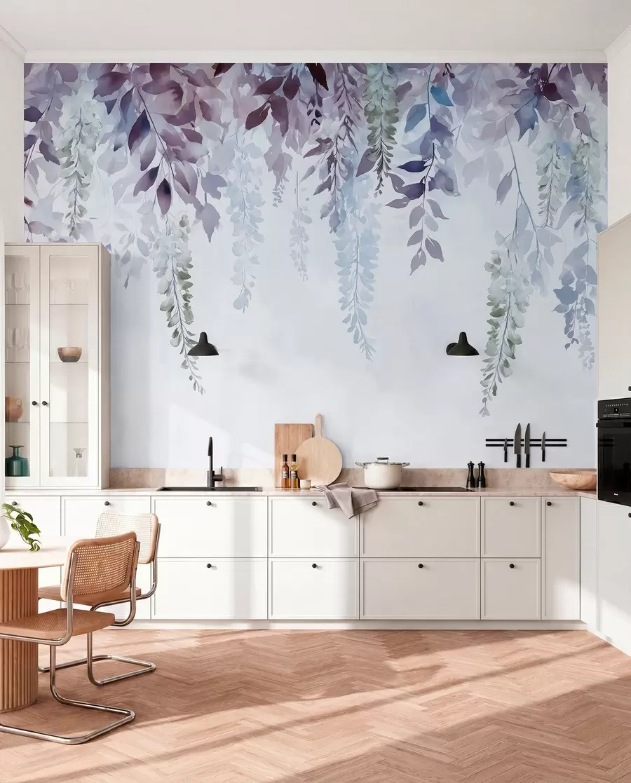 Fototapetes Vistērijas ziedu ornaments, ziedu, akvarelis, zilā un violetā krāsā w01545v1