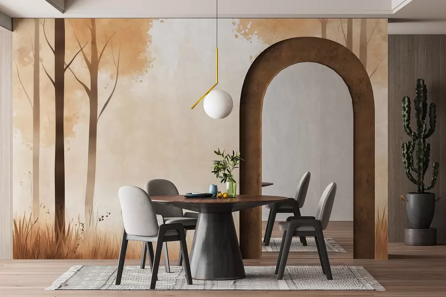 Fototapetes Akvareļu mežs, migla, koki, zāle, dabas ainava, bēša krāsa w01563