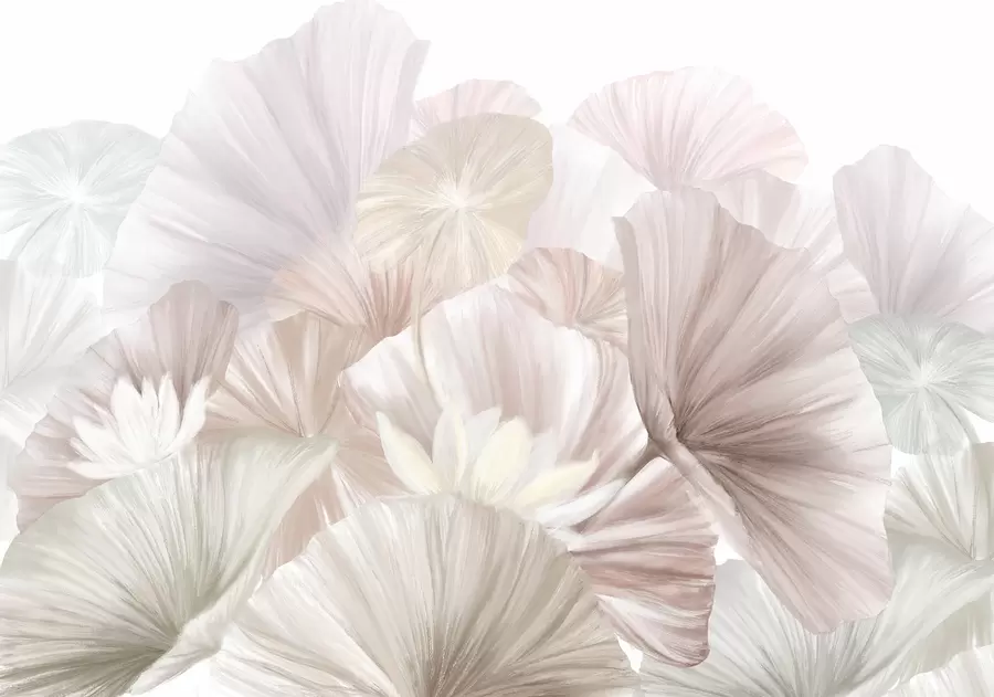 Fototapetes Delikātas rozā lotosa lapas ar baltiem ziediem ar maigiem, spalvotiem ziedlapiņām, kas sakārtotas dabas mākslas kompozīcijā w08265v1