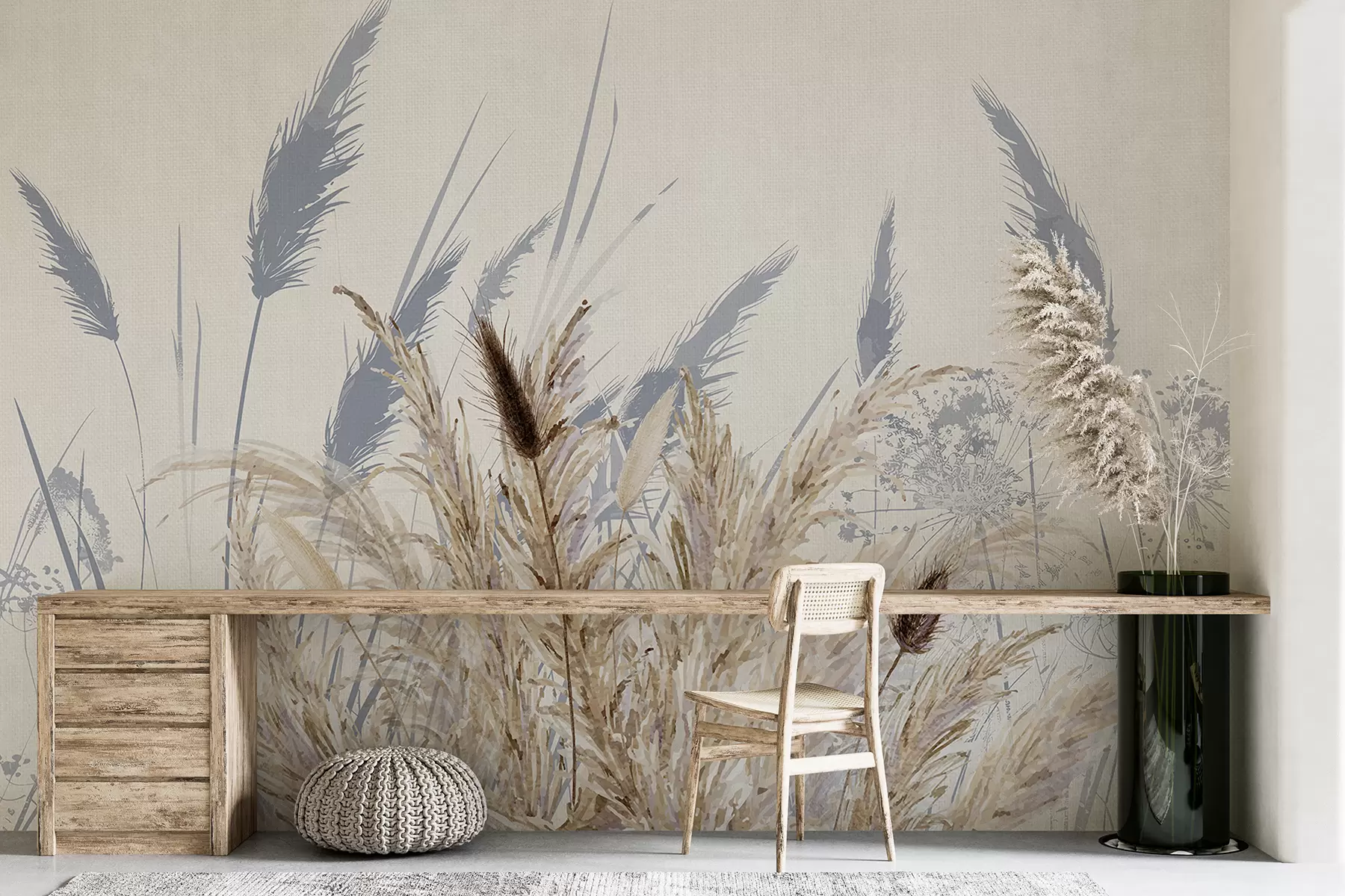 Fototapetes Augsti kviešu un zāles stublāji ar pūkainiem baltiem plīvuriem uz gaiša fona w08282