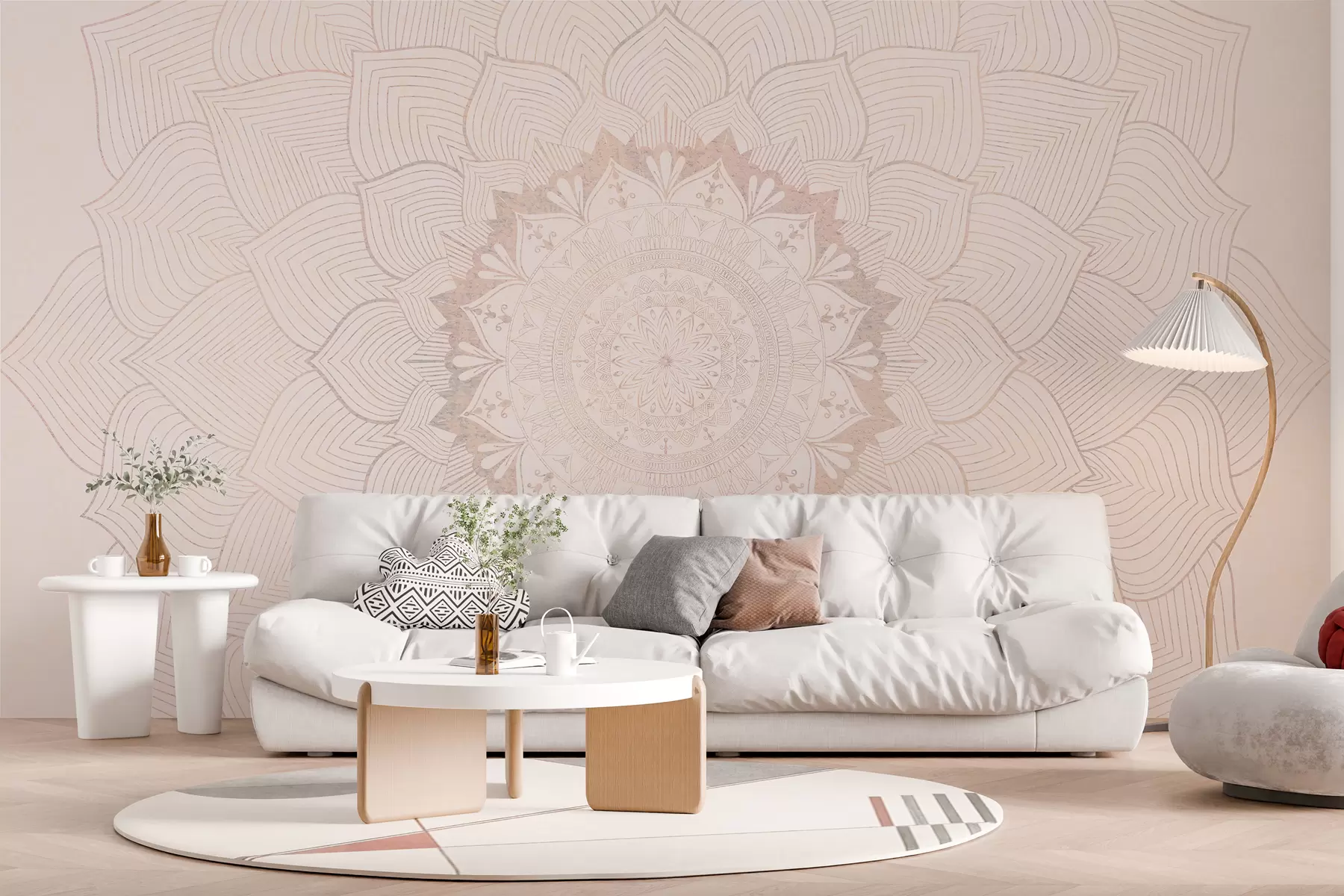 Fototapetes Apaļa mandala, tapetes jogas telpai vai personīgās telpas harmonizēšanai. Sienas mandala siltās pasteļkrāsāsās uz neregulāra fona ar faktūru w01088