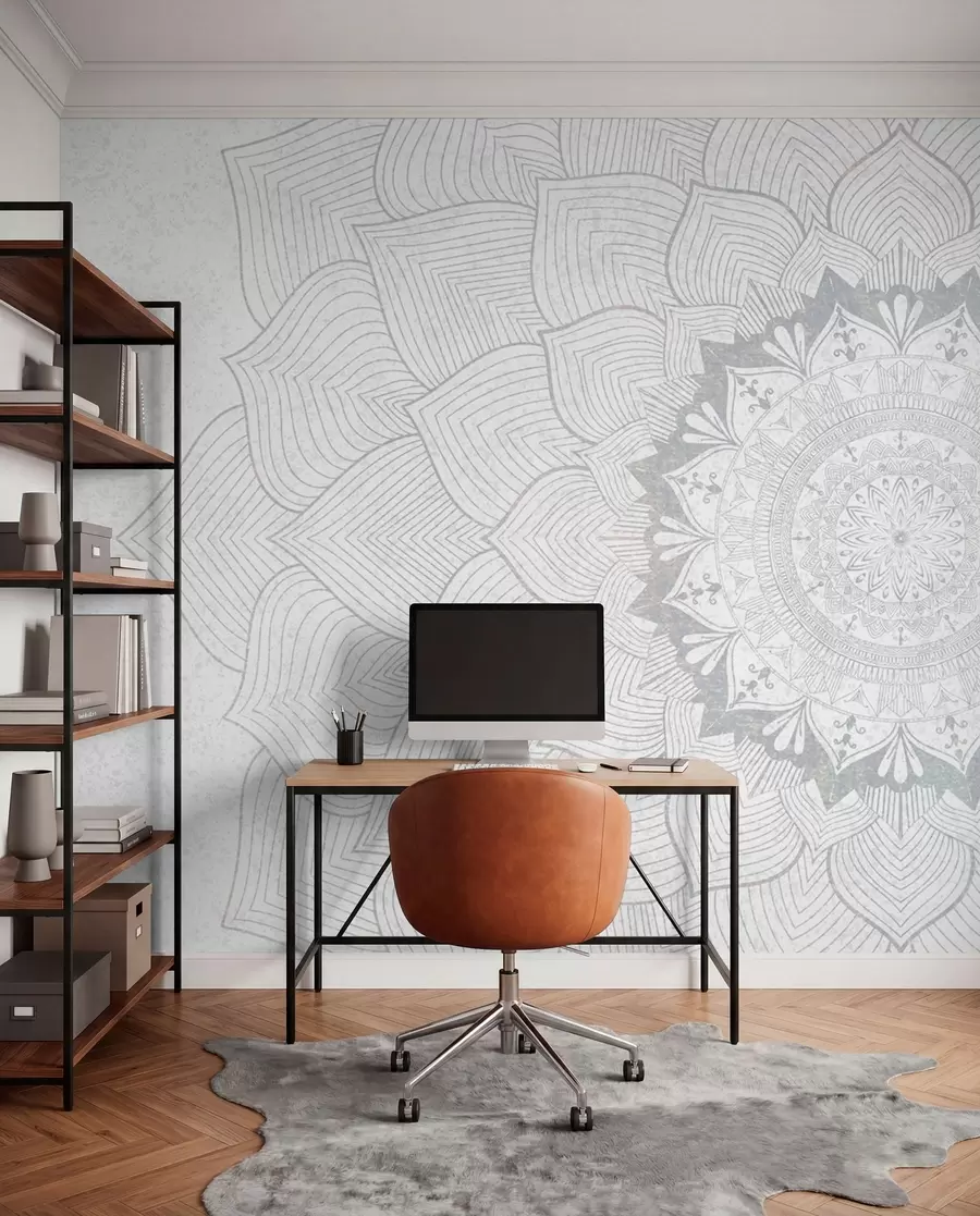 Fototapetes Apaļa mandala, tapetes jogas telpai vai personīgās telpas harmonizēšanai. Sienas mandala pelēkos toņos uz teksturēta neviendabīga fona w01088v2