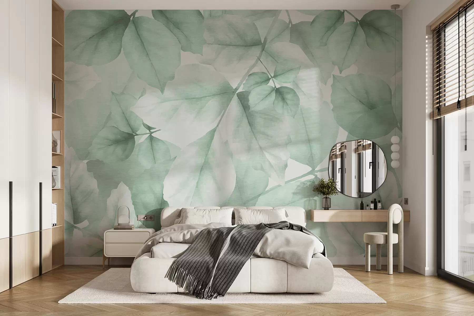 Fototapetes Textured tapetes ar lielām lapām pasteļtoņos zaļā krāsā w01090v3