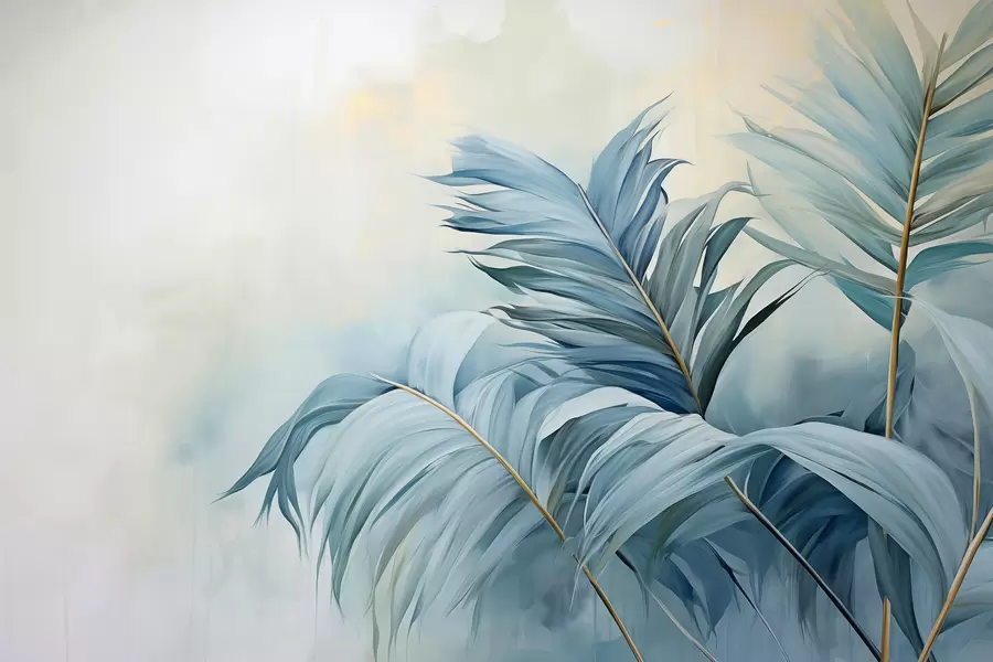 Fototapetes Zilas palmu lapas pret miglu w01618