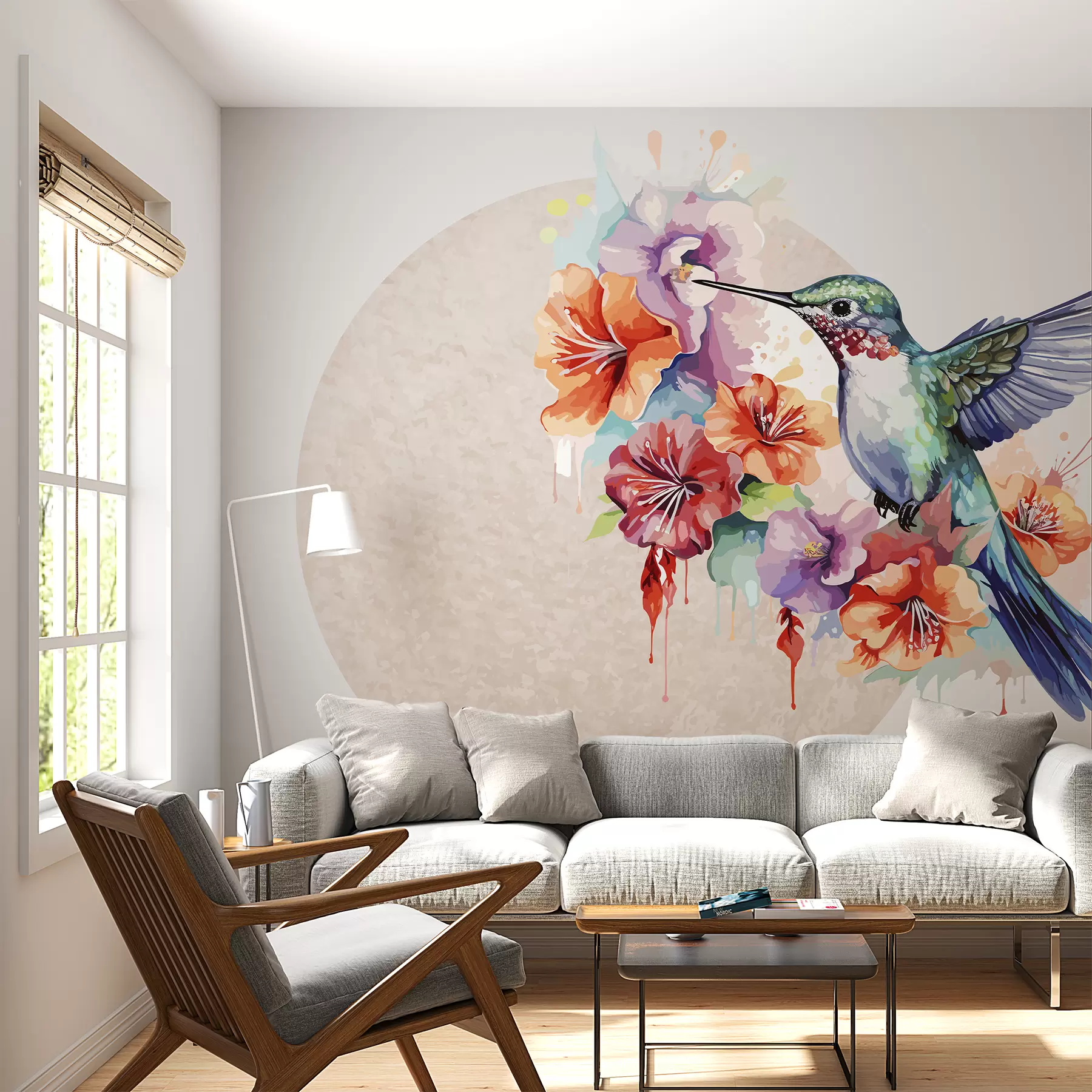 Fototapetes Kolibri, ziedi, aplis, bēšs w01528