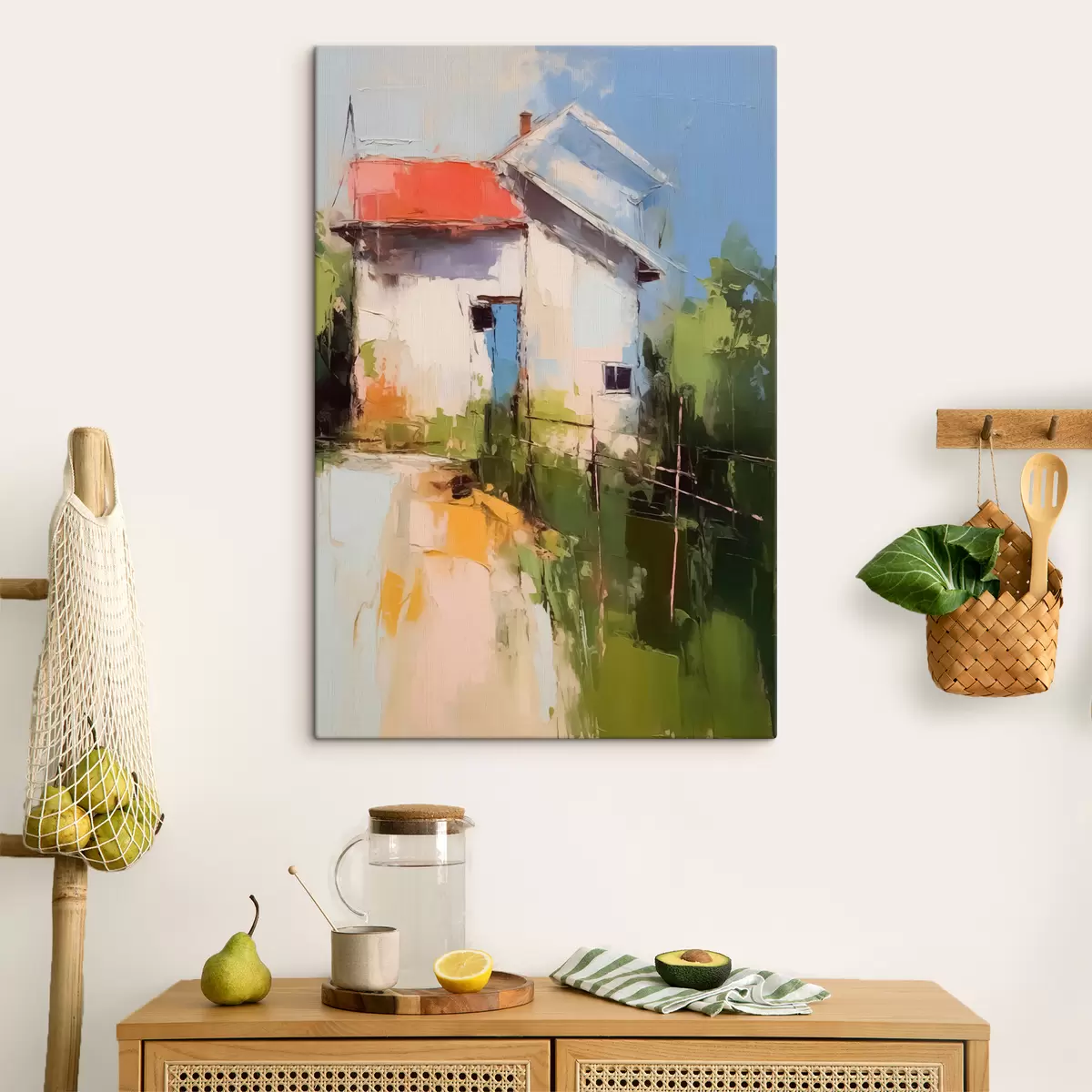 Glezna Abstrakta ainava māja ar dārzu, sarkana, zila, zaļa, dzeltena krāsa s40689