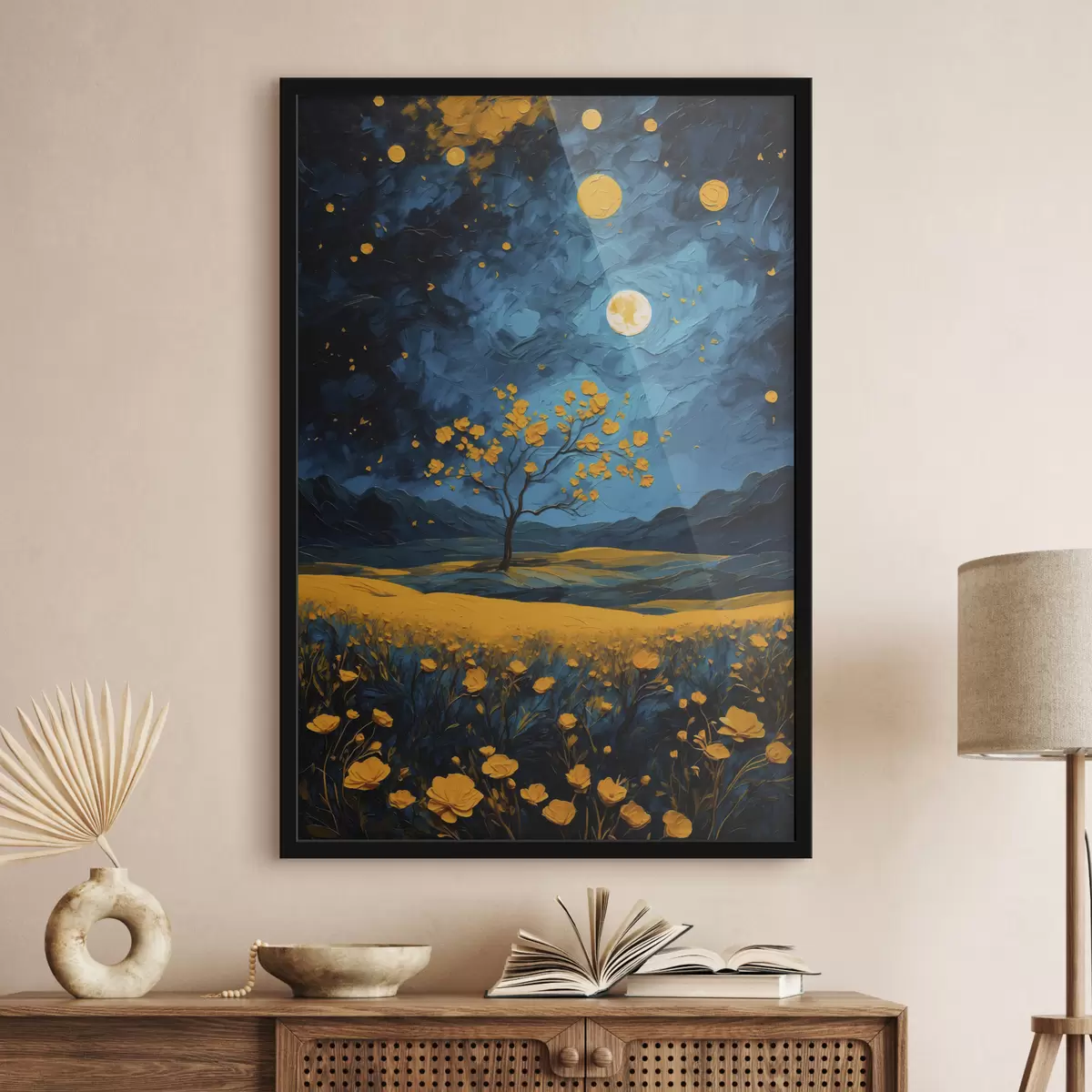 Plakāts Dzeltenu ziedu lauks naktī f40643
