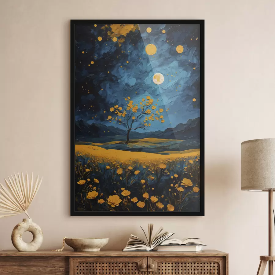 Fototapetes Dzeltenu ziedu lauks naktī f40643