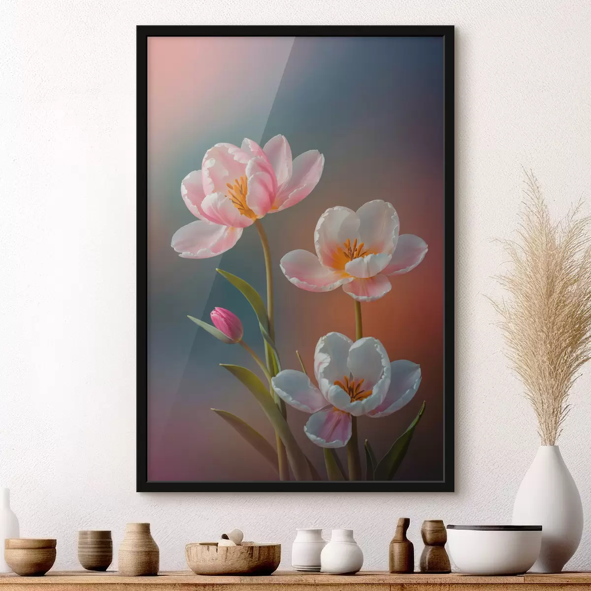 Plakāts Rozā ziedi uz neskaidra fona f40644