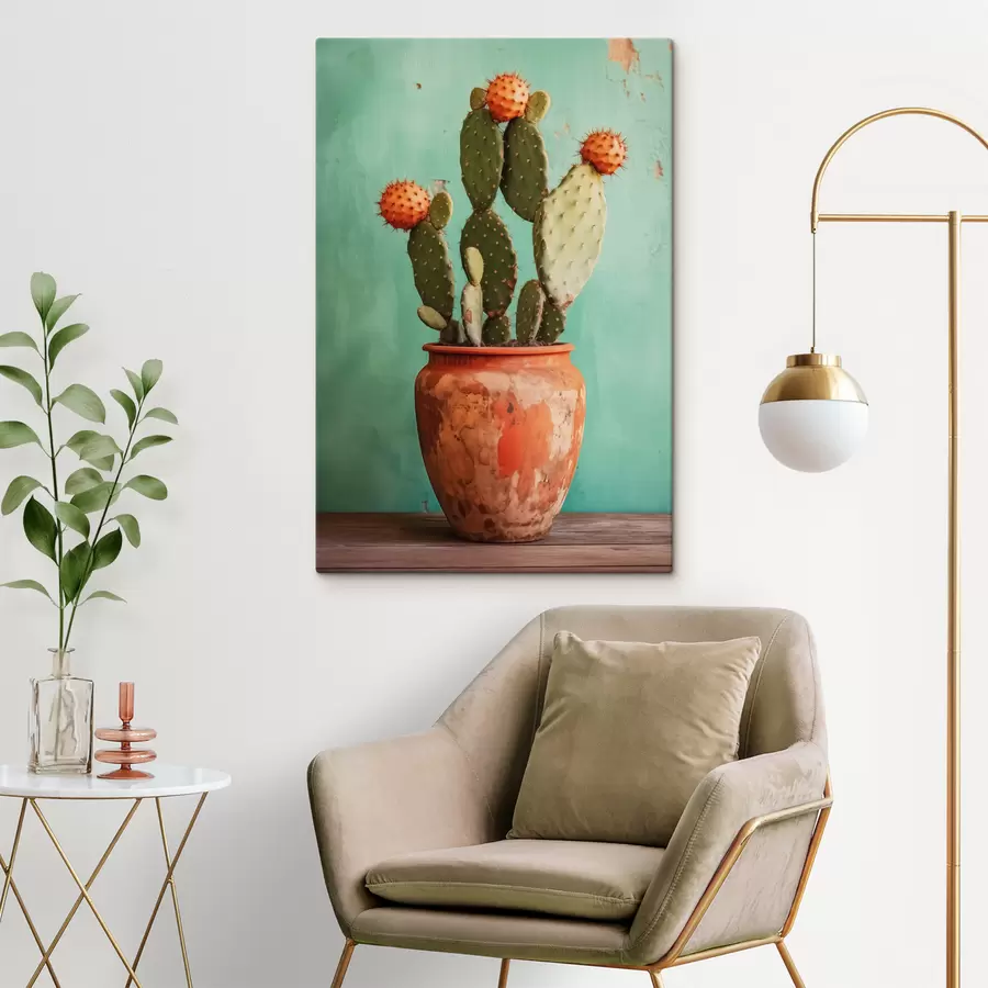 Glezna Kaktuss vecā māla podā uz zilganzaļas sienas fona s40807