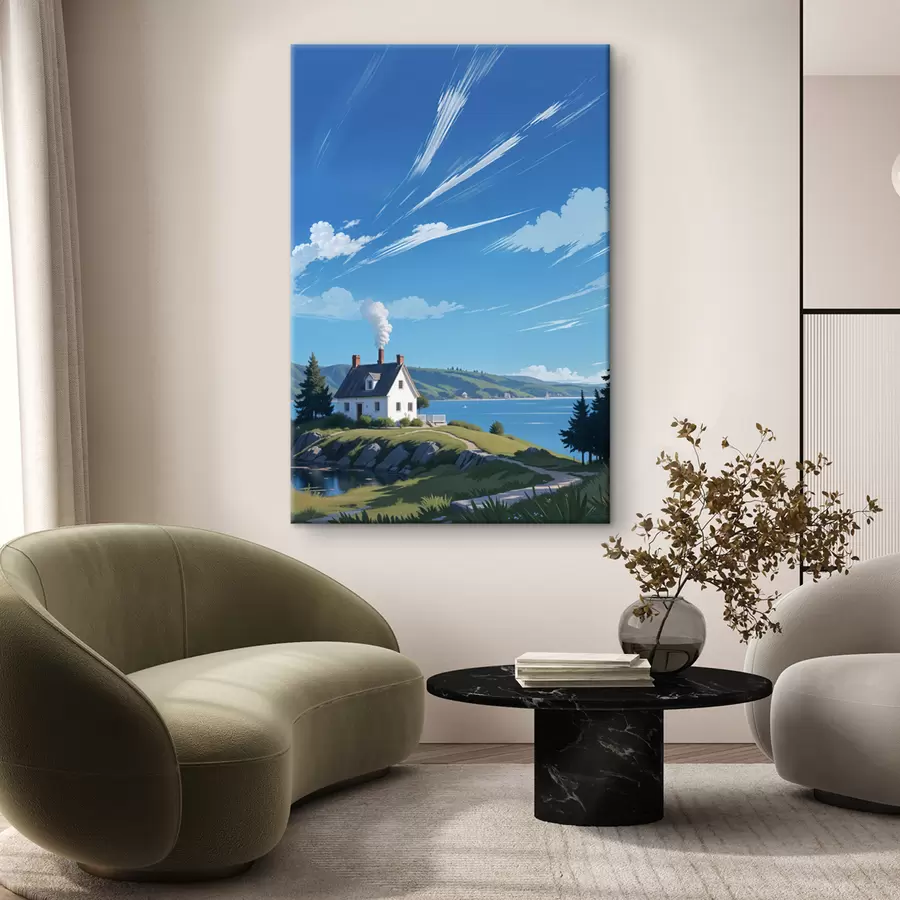 Glezna Balta māja uz zālājaina kalna ar kalniem fonā un zilām debesīm ar mutuļojošiem mākoņiem s40587