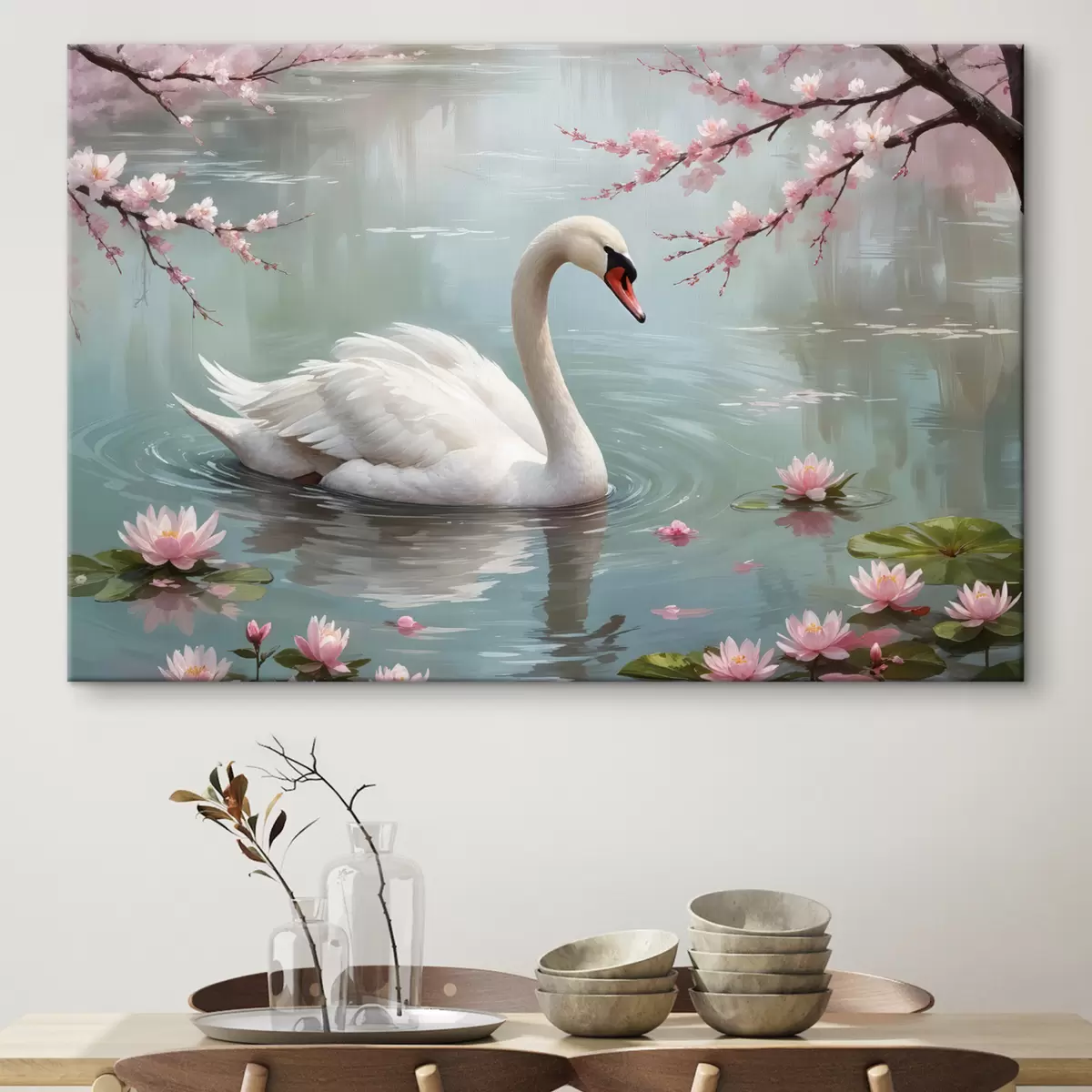 Glezna Graciozs balts gulbis peld mierīgā dīķī, ko ieskauj ziedoši rozā ķiršu koki s40597