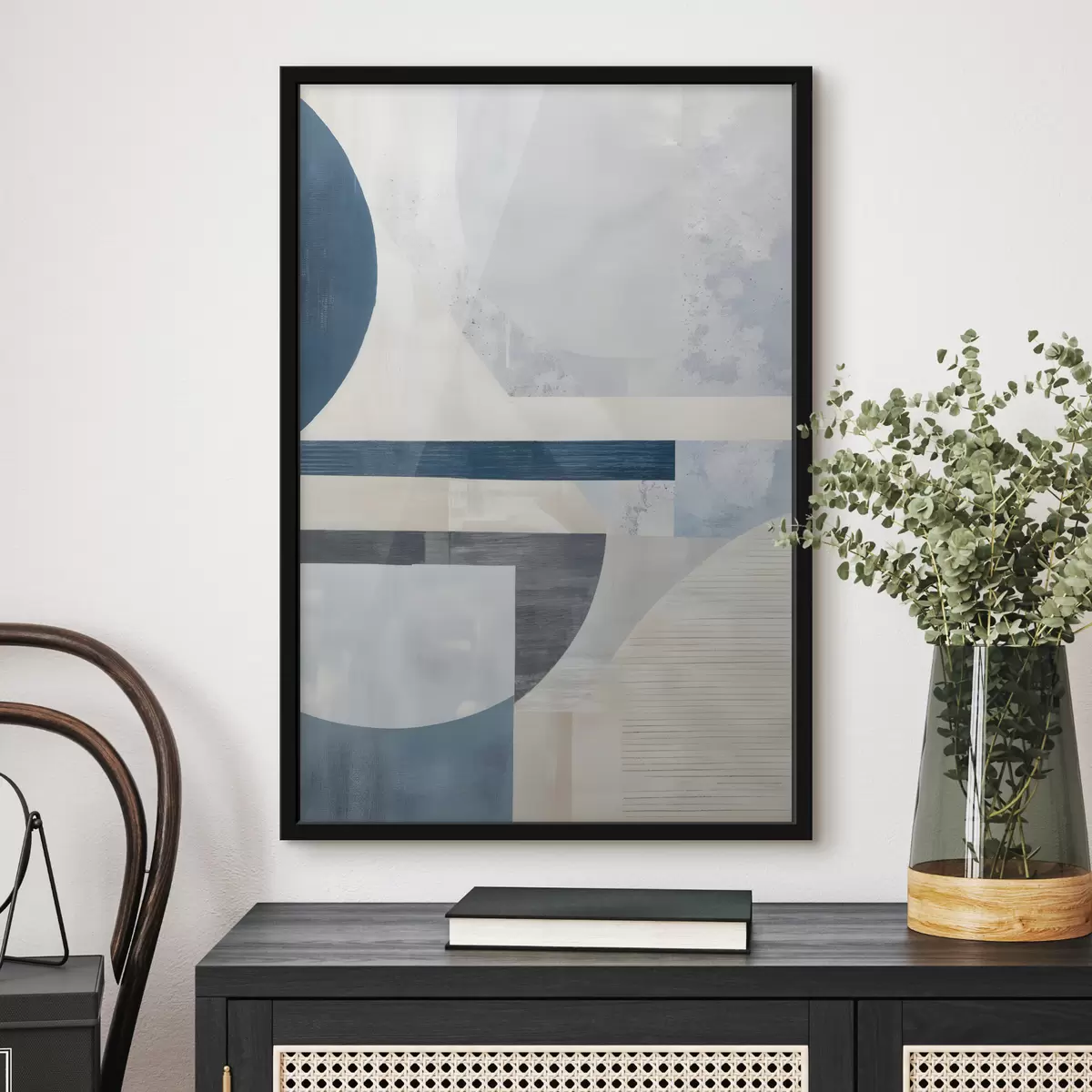 Plakāts Minimālistiska abstrakcija ar ģeometriskām formām un faktūrām zilos, pelēkos un baltos toņos f40596