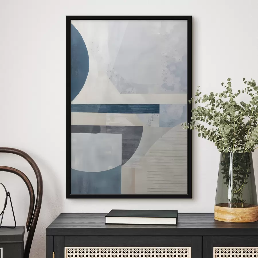 Glezna Minimālistiska abstrakcija ar ģeometriskām formām un faktūrām zilos, pelēkos un baltos toņos f40596