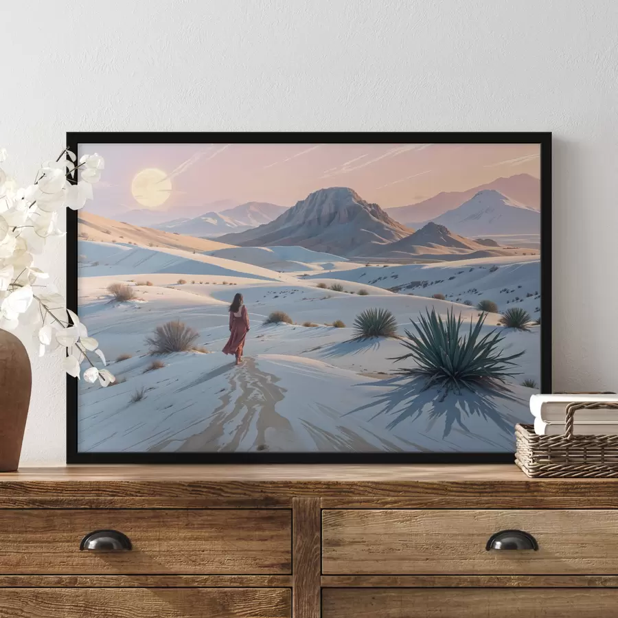 Fototapetes Sieviete sarkanā kleitā tuksneša ainavā ar kalnu fonā un smilšu kāpām f40603