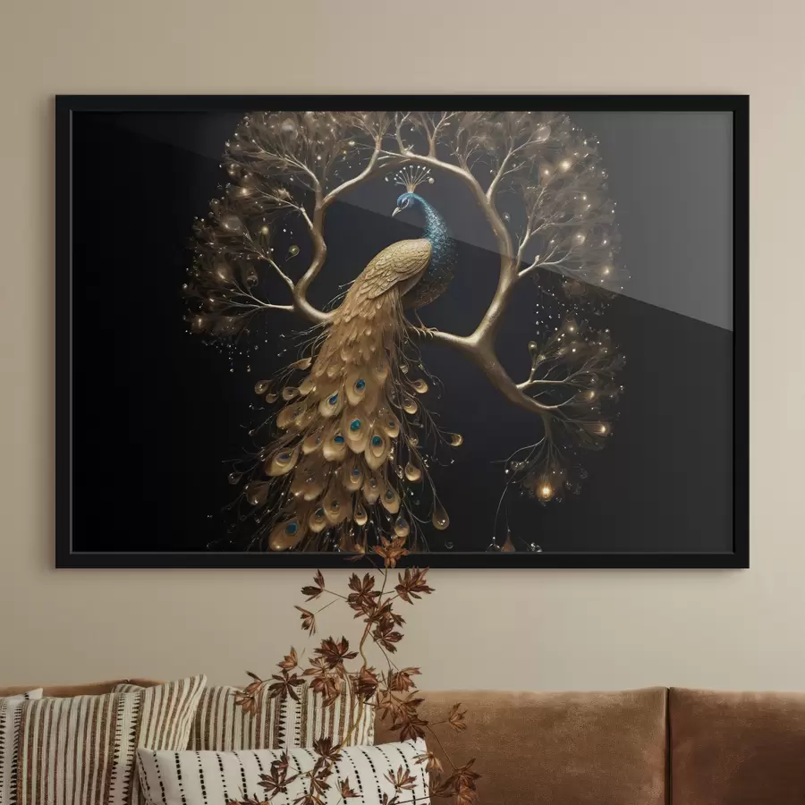 Glezna Pāvs ar koši spalvām sēž uz zara uz tumša fona ar kvēlojošiem kokiem f40612