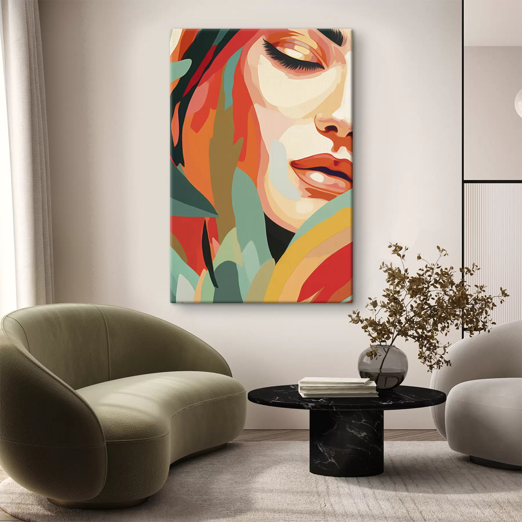 Glezna Skaista sievietes seja, ģeometriskā abstrakcija, ziedu, akrila zīmējums s40815