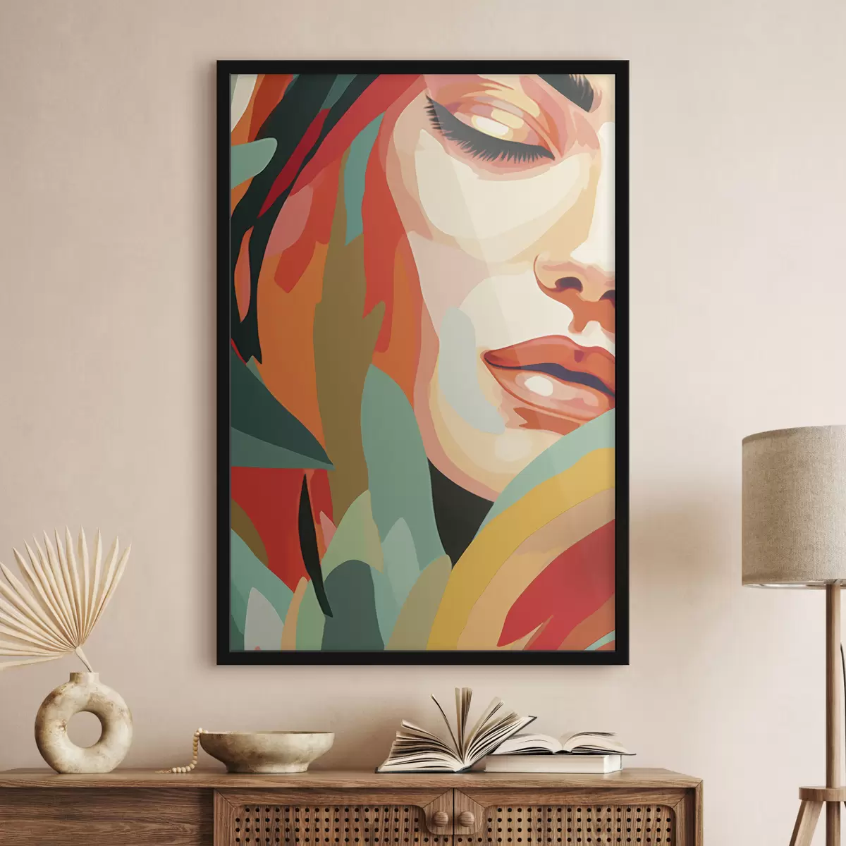 Plakāts Skaista sievietes seja, ģeometriskā abstrakcija, ziedu, akrila zīmējums f40815