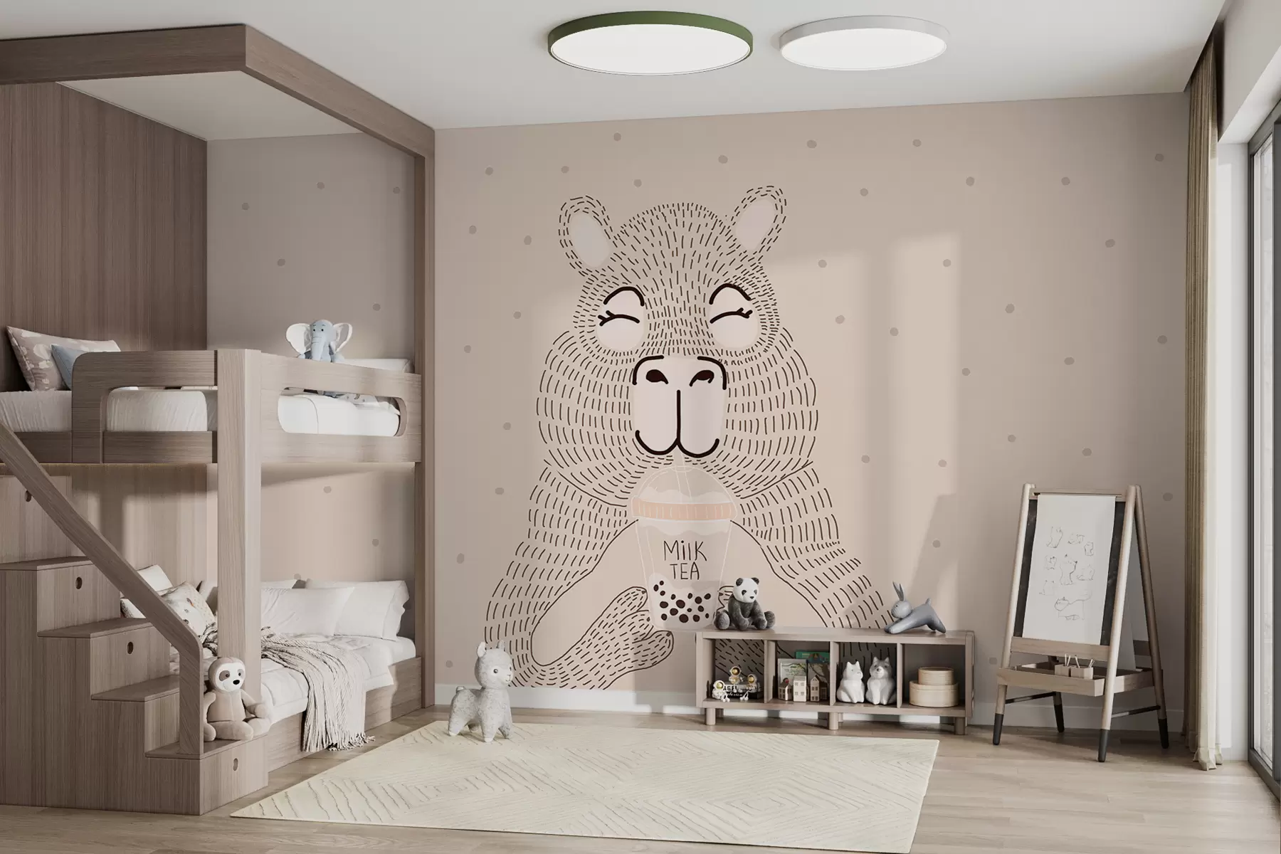 Fototapetes Liela gudra kapibara ar burbuļtīklīti minimālisma punktu stilā uz bēša punktēta fona   w01122v1