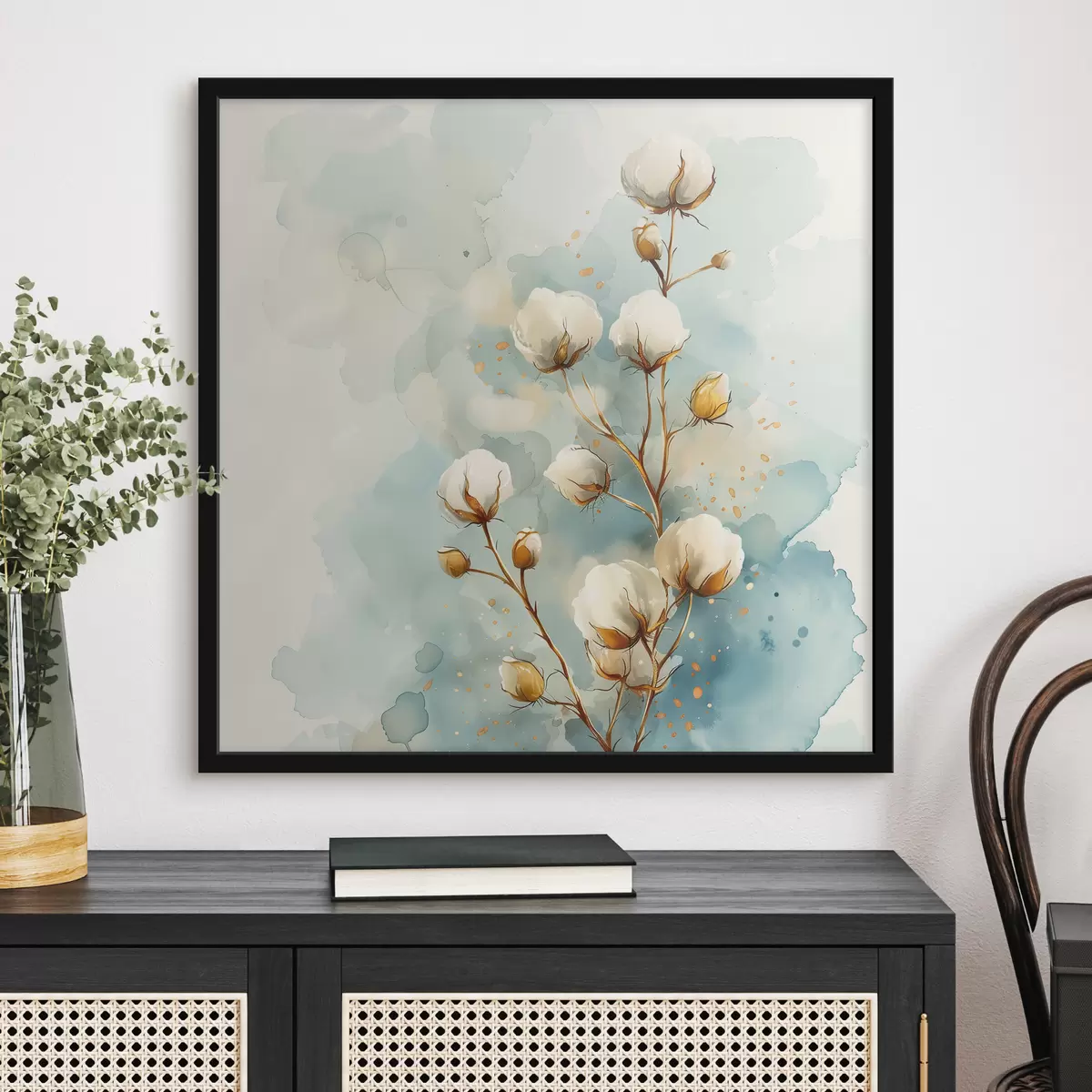 Plakāts Kokvilnas zars uz akvareļa fona f40780