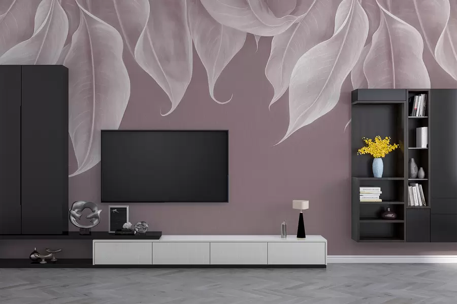 Fototapetes karājas lielas lapas rozā krāsā w01680v2