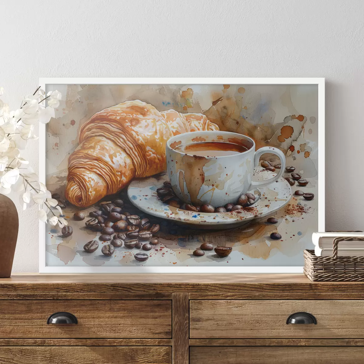 Plakāts Kruasāns, rīts, kruasāns un kafijas tasīte, akvarelis f40782