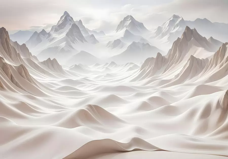 Fototapetes Sniegotas kalnu virsotnes, kas paceļas no miglainas, ēteriskas ainavas ar pauguriem un ielejām w08313