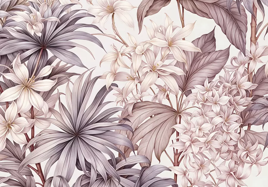 Fototapetes Tropu ziedu apdruka ar lieliem baltiem un gaiši rozā ziediem, bordo lapām un neitrālu fonu w08318v1