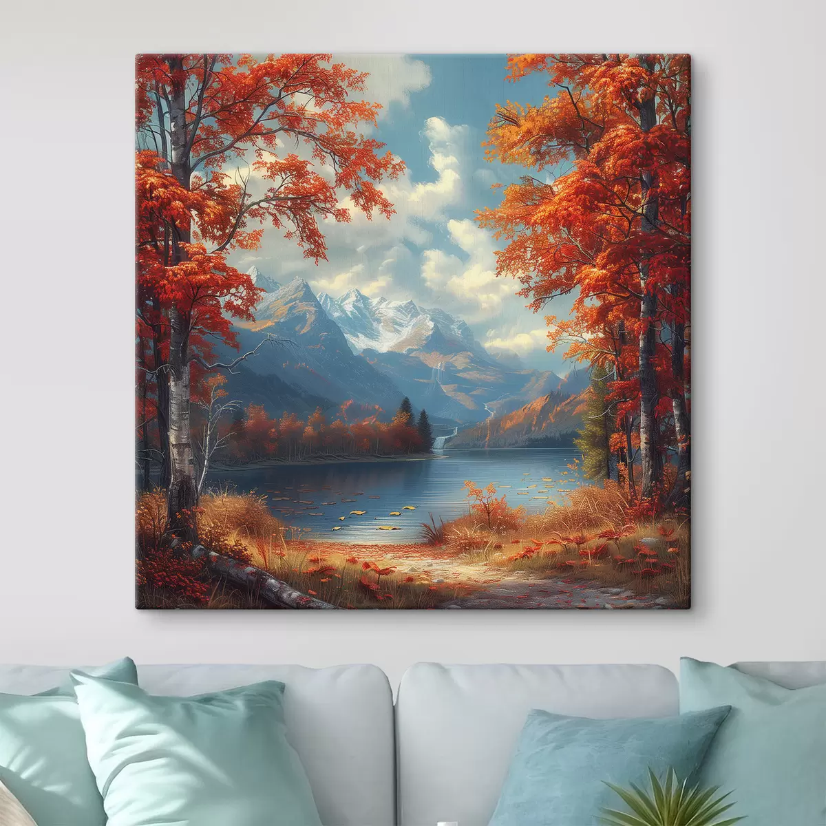 Glezna Rudens ainava uz kalnu fona pie dīķa s40903