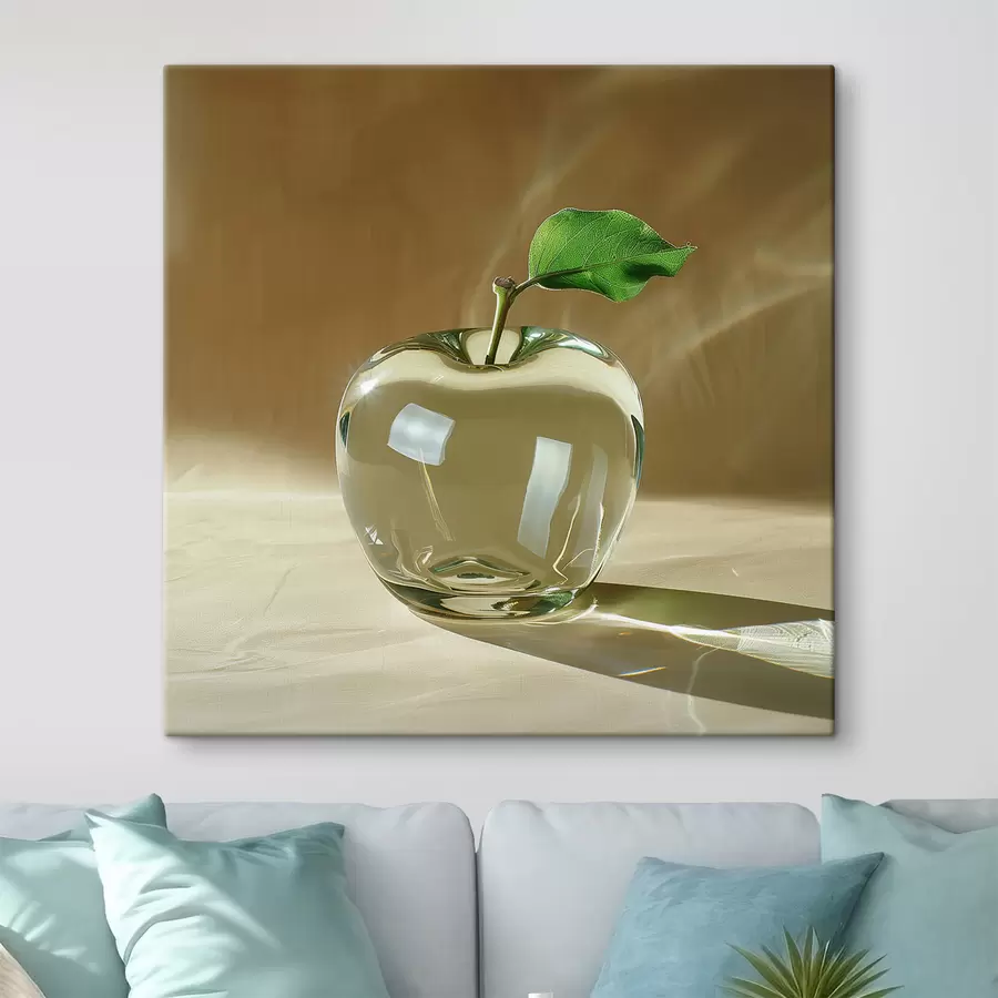 Glezna Caurspīdīgs stikla ābols uz gaiša fona s40913