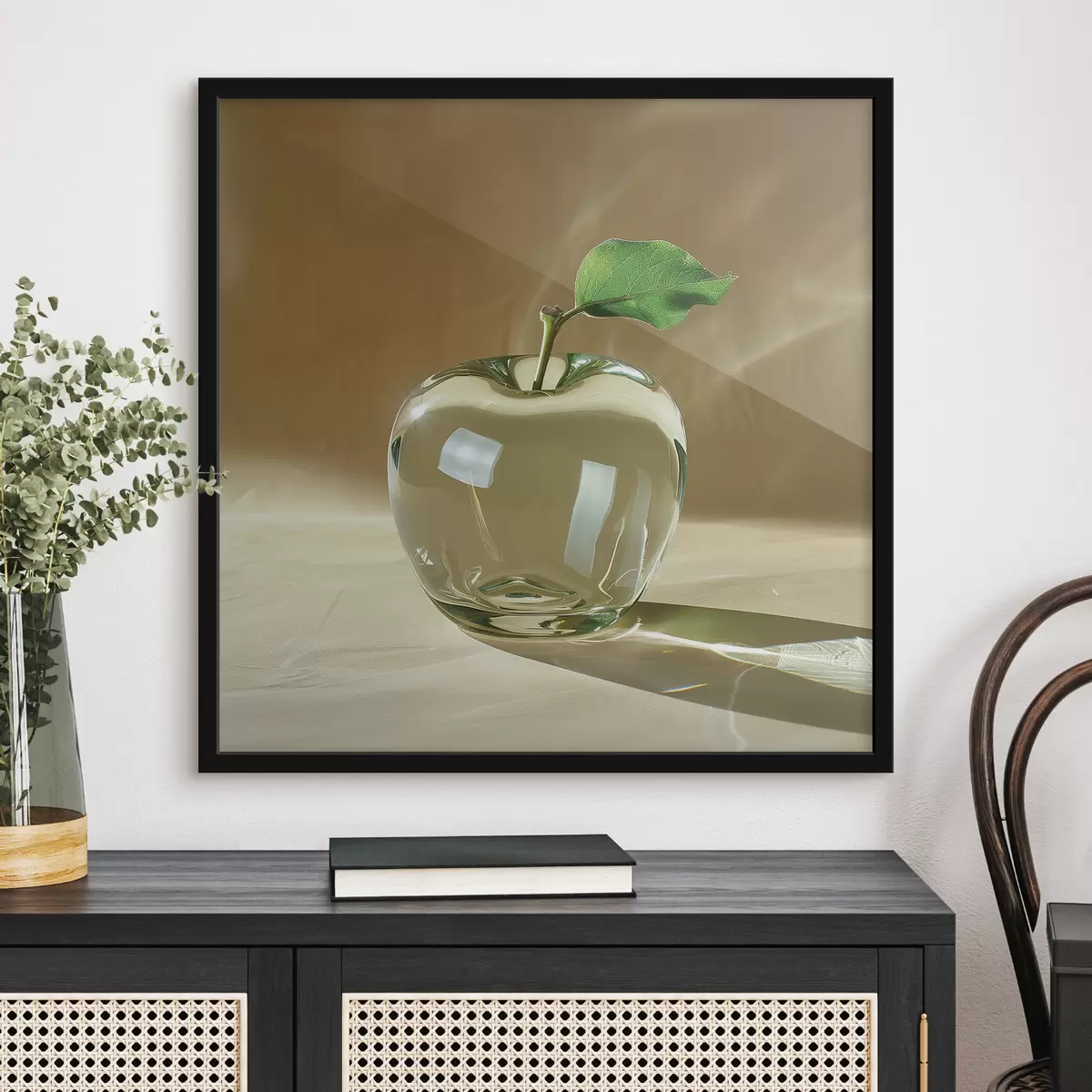 Plakāts Caurspīdīgs stikla ābols uz gaiša fona f40913